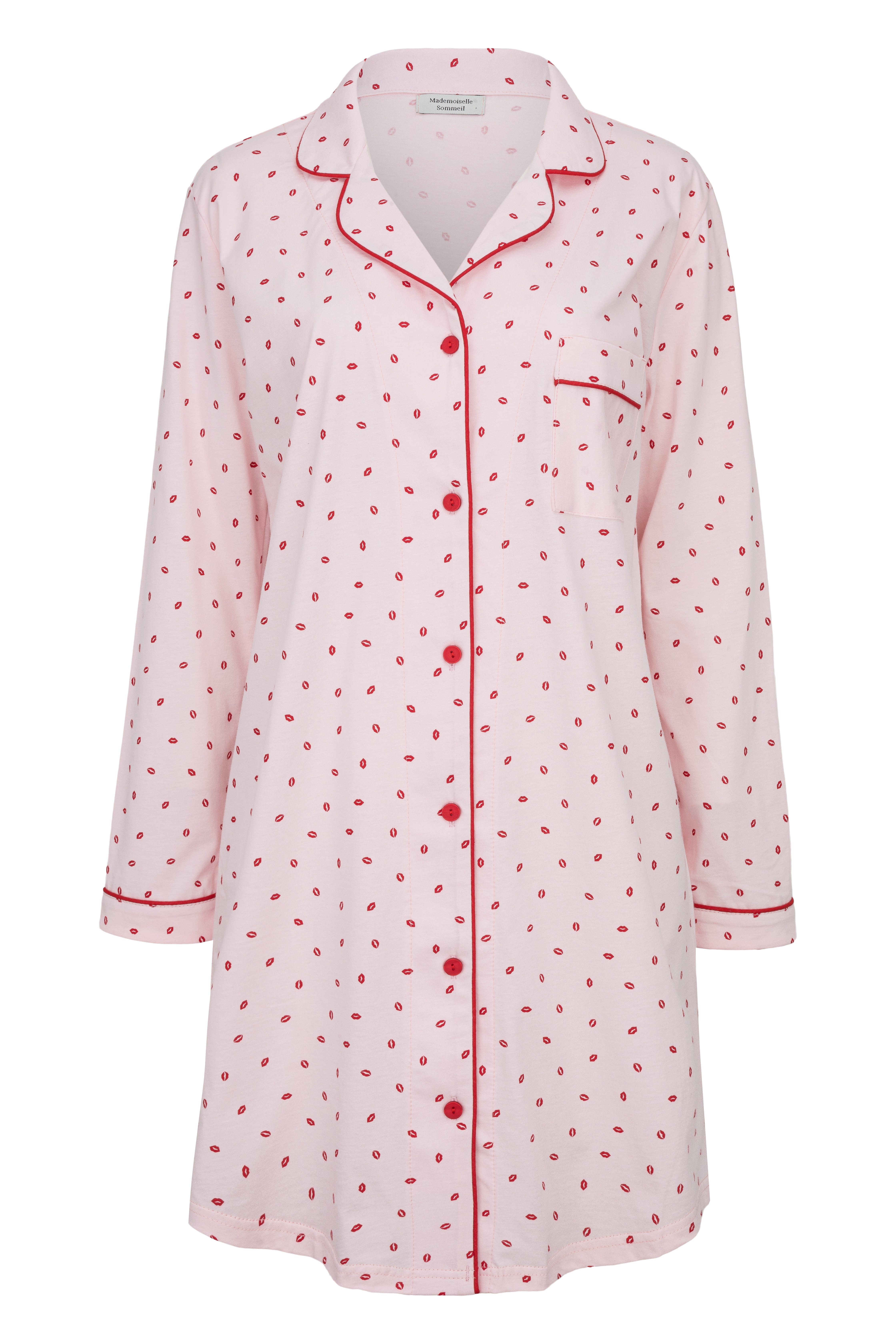 Mademoiselle Sommeil Nachthemd langarm in rosa mit Lippen-Motiv und Kontrastpaspel-Details