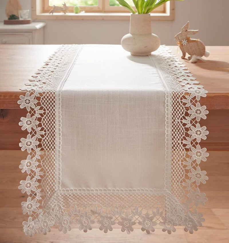 Frank Flechtwaren Tischläufer 618002 Spitzenblümchen (1-tlg), romantisch bestickt Häkelkante weiß 40x140 cm