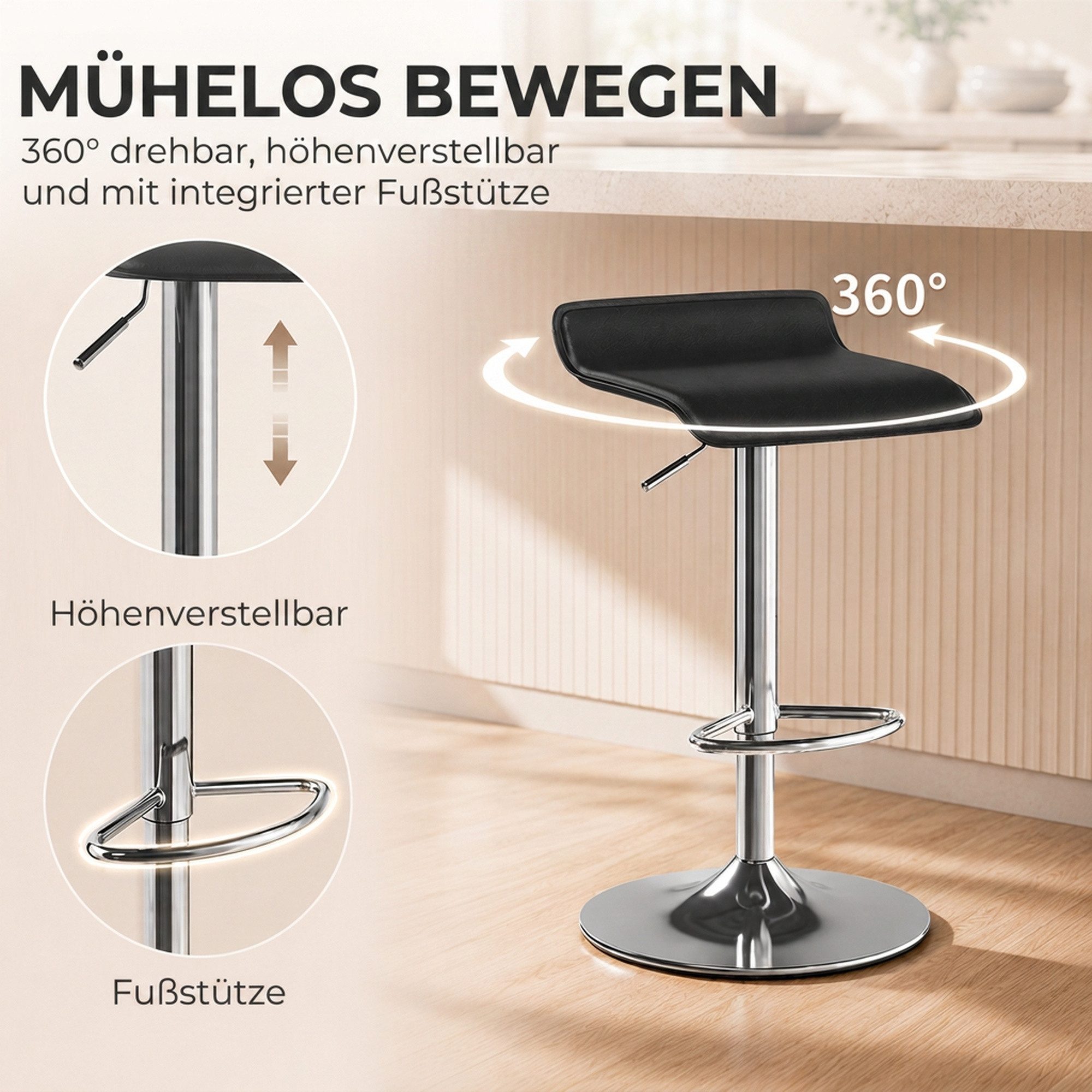 HOMCOM Barhocker Drehbar Barstuhl mit Silber-Stahlgestell, Küchenstuhl mit Fußstütze (Set, 1 St., 1 Stück), höhenverstellbar, 360° drehbar – Bild 4 von 5