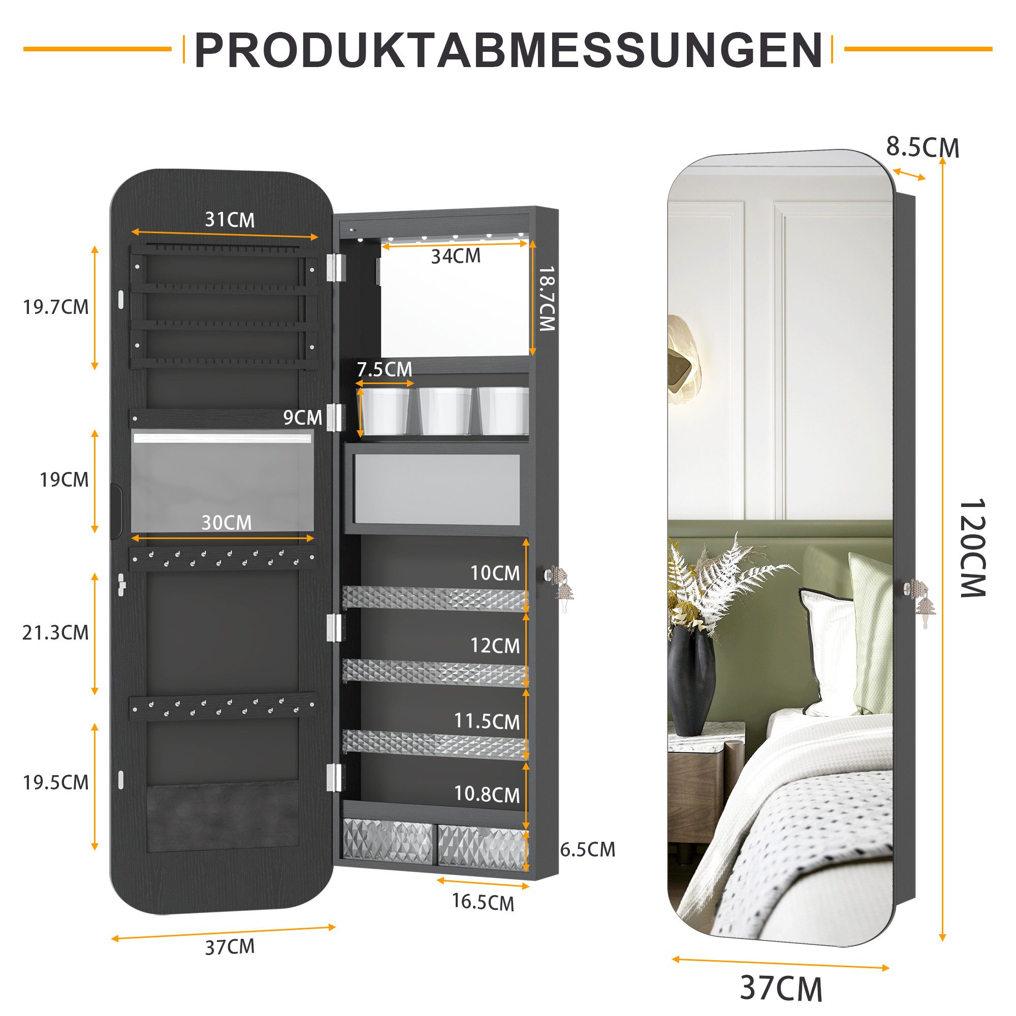 LVSOMT Schmuckschrank LED Ovaler Hängeschrank, Abschließbarer Türspiegel/Wandspiegel mit Beleuchtung, Gewölbter Spiegelschrank in Schwarz