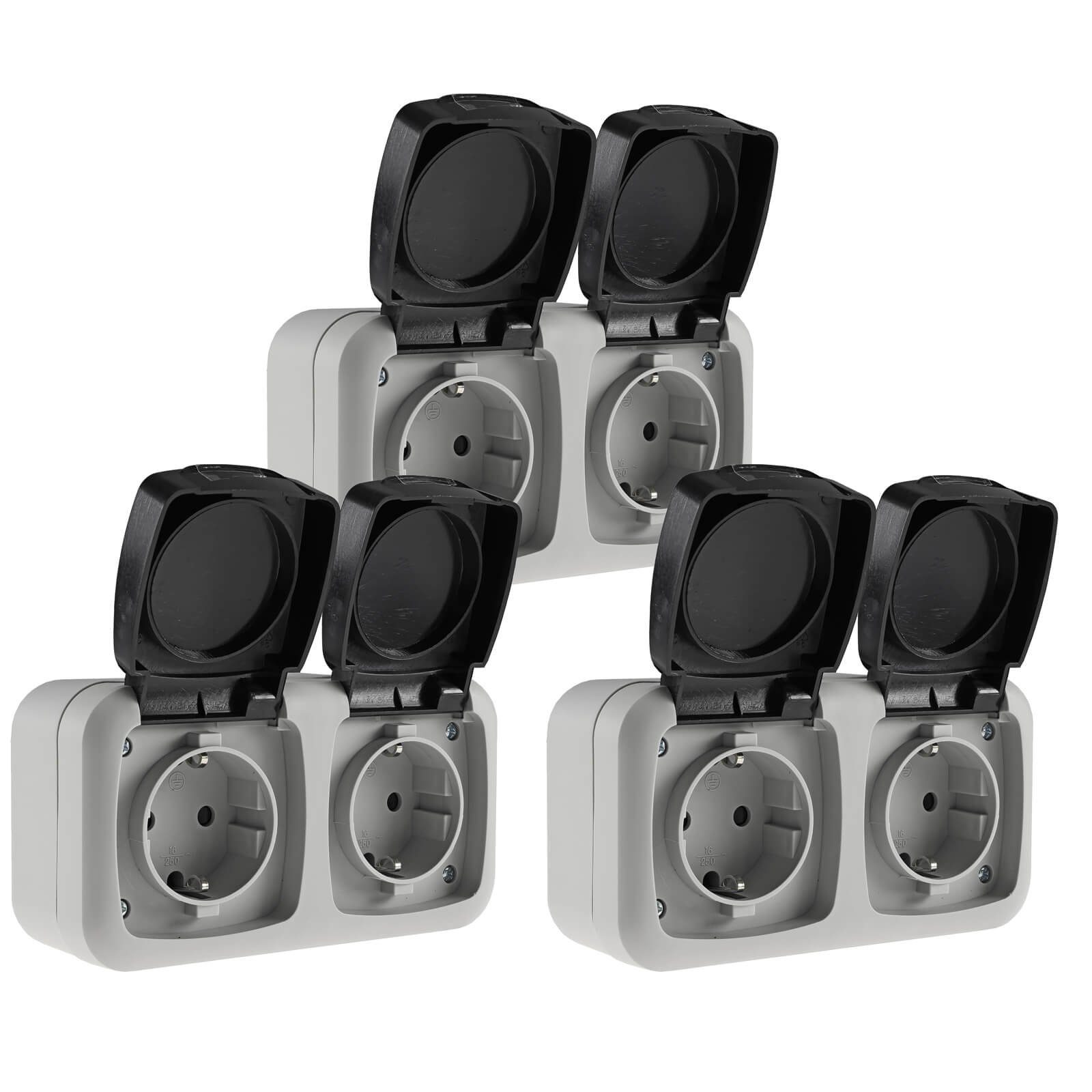 Aufputz-Steckdose 3er Set IP44 Feuchtraum Doppelsteckdose 2-fach Steckdose Grau