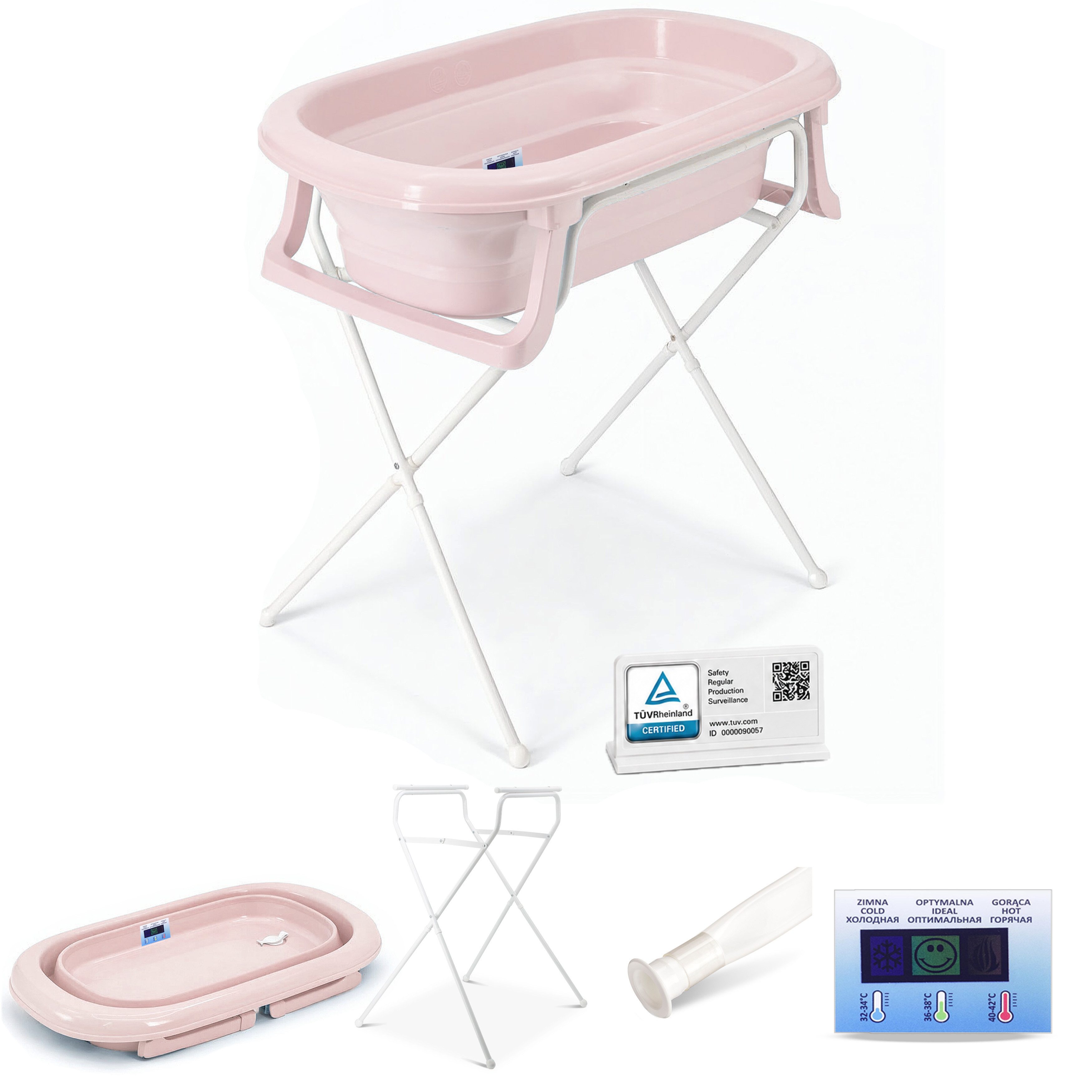 Babykajo Babybadewanne TÜV geprüft, (Set, 4-tlg), Babywanne faltbar mit Ständer, Abflussschlauch und Thermometer