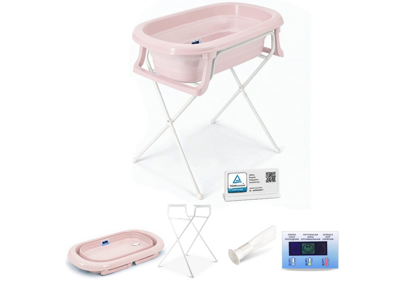 Babykajo Babybadewanne TÜV geprüft, (Set, 4-tlg), Babywanne faltbar mit Ständer, Abflussschlauch und Thermometer