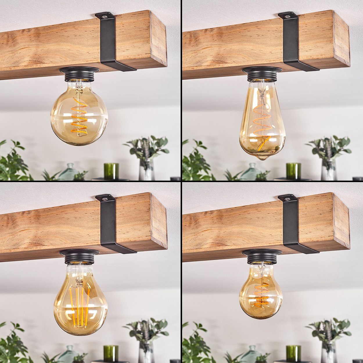 4x Deckenlampe in Metall/Holz moderne Deckenleuchte Leuchtmittel Schwarz/Natur, Industrial-Style, ohne im Leuchtmittel, Holzbalken, hofstein E27. aus ohne