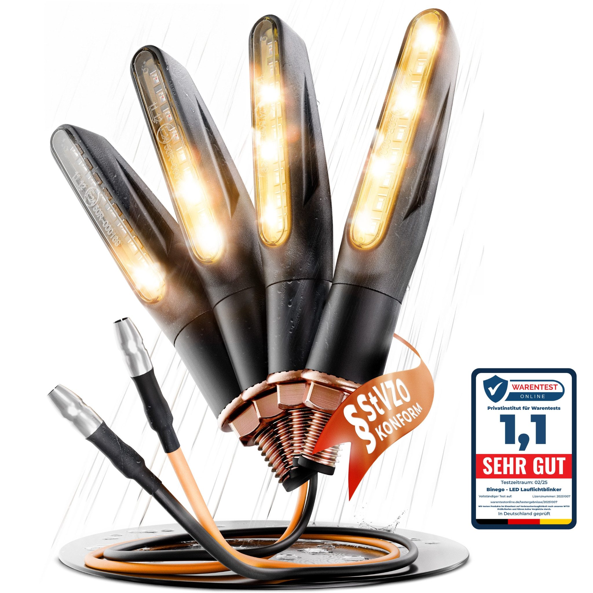 Binego Blinker LED Motorrad E Geprüft Mini mit Lauflicht Universell, Lauflicht Blinker, LED fest integriert, Gelb, StVZO konform