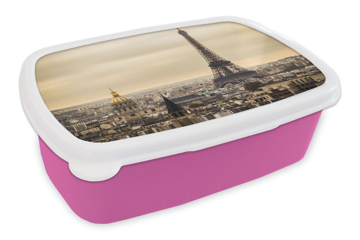 MuchoWow Lunchbox Dichte Wolken über Paris und dem Eiffelturm, Kunststoff, (2-tlg), Brotbox für Erwachsene, Brotdose Kinder, Snackbox, Mädchen, Kunststoff rosa