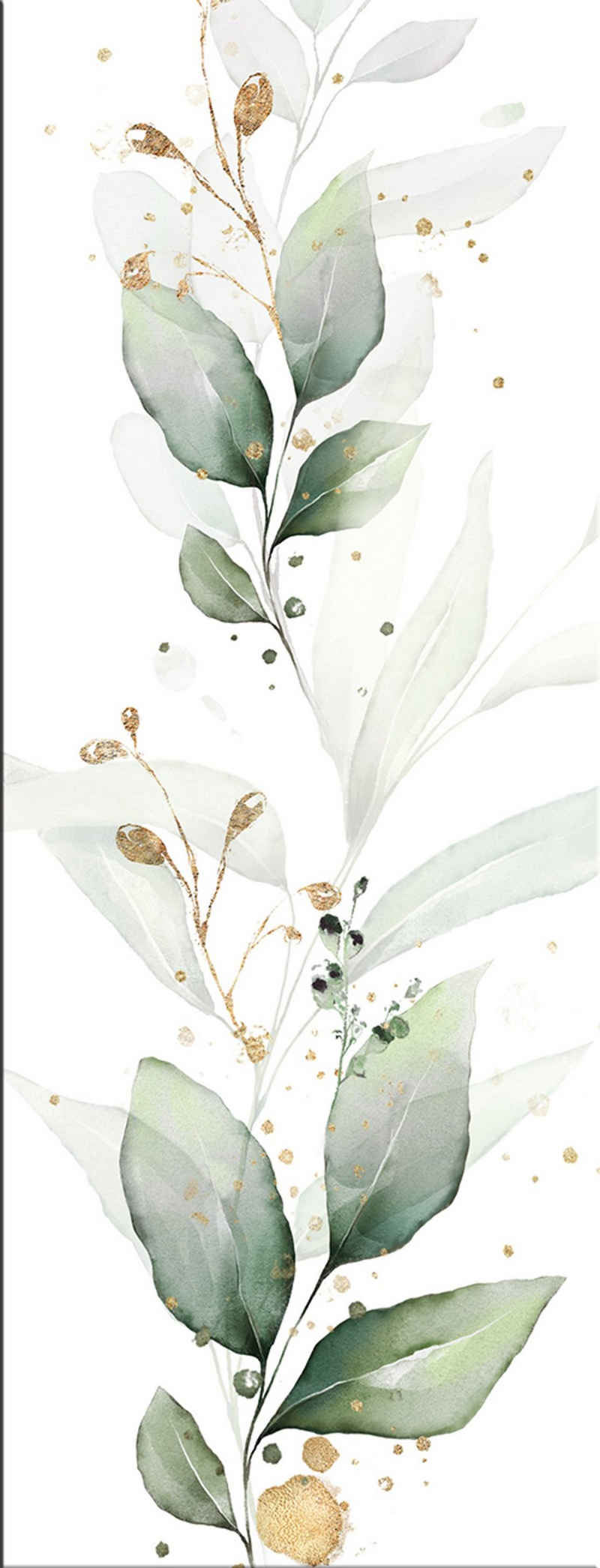artissimo Glasbild Glasbild 30x80cm Bild aus Glas Aquarell-Malerei Zweige Mint-Grün Gold, Natur und Pflanzen : Eukalyptus II
