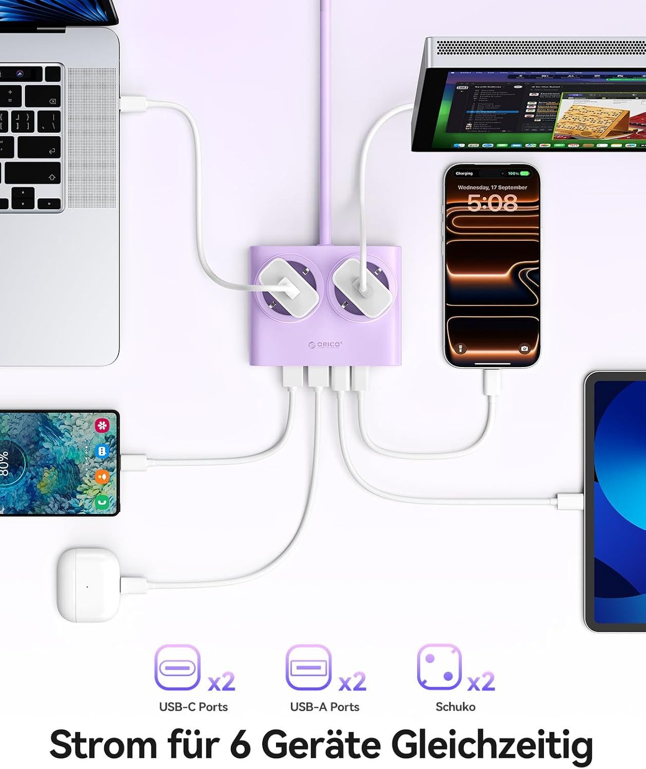 ORICO Steckdose 25W GaN Mehrfachsteckdose 6-in-1 Steckdosenleiste,2AC+4USB (2USB-CPD), flacher 1,3 cm Stecke, 1-St., 1,6 m Kabel, 2500 W., für Haushalt & Büro