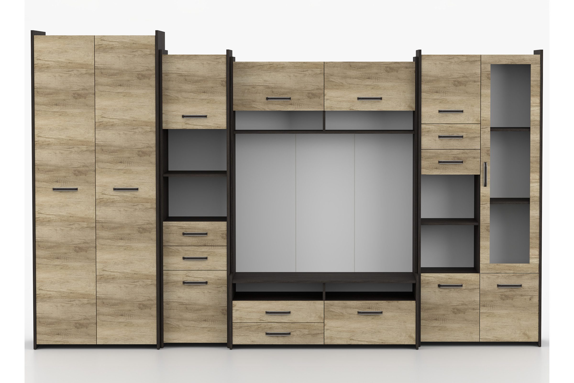 Deine Möbel 24 Wohnwand MAURO S 310 cm – Große moderne Wohnzimmerschrankwand, (Set, 1-St., Eiche Canterbury / Eiche Country Grey, Wohnwand mit viel Stauraum), mit TV-Board, Vitrine, Schrank und Regalen