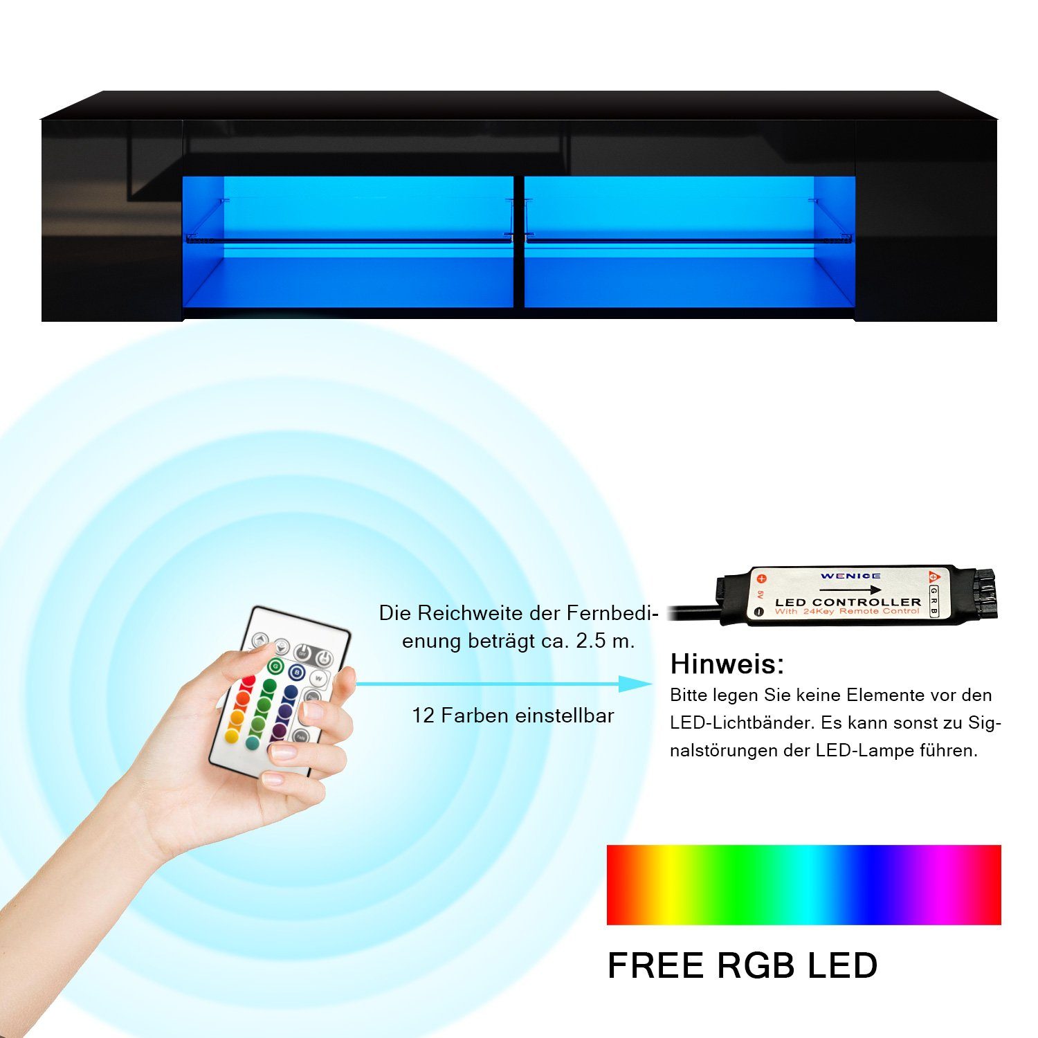 SONNI TV-Schrank TV-Lowboard Breite mit LED Modern mit Schwarz design Beleuchtung Unterschrank, Hochglanz Glasböden, 135cm