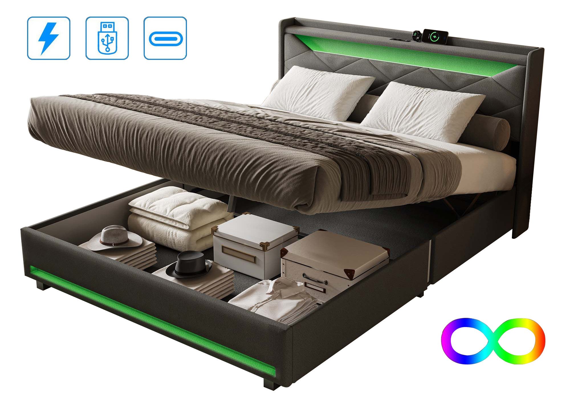 FUROKOY Polsterbett Doppelbett Stauraumbett mit USB+Type günstig online kaufen