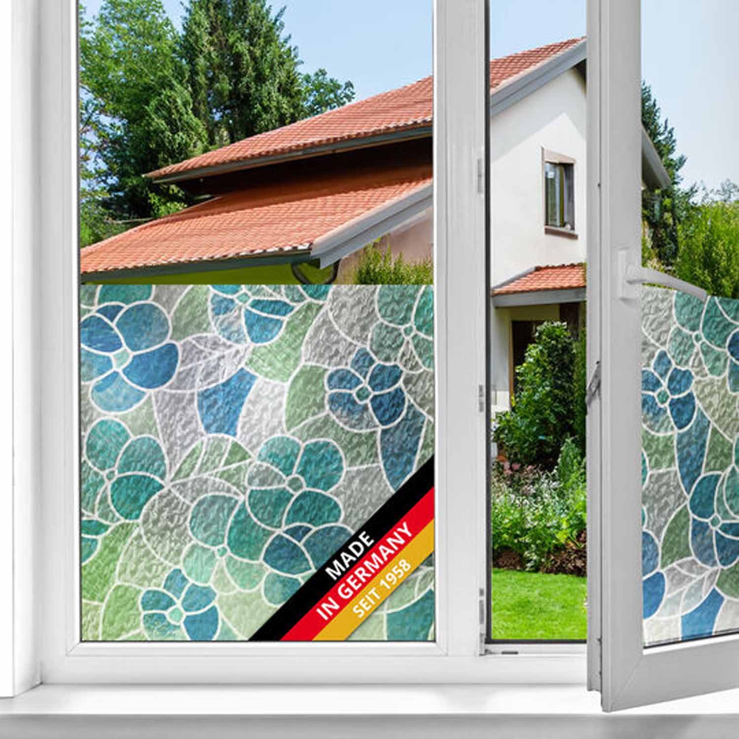 d-c-fix Fensterfolie Lisboa blau - selbstklebende Sichtschutzfolie Deko Folie Fenster innen, 200 x 45cm - selbsthaftend und rückstandslos entfernbar