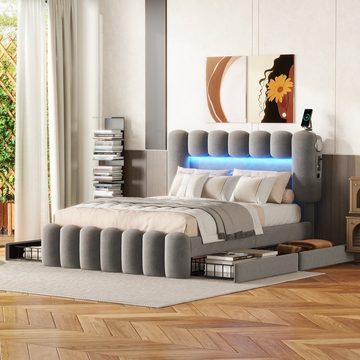 OKWISH Polsterbett Funktionsbett Stauraumbett Doppelbett Bett (mit LED-Lichtleiste mit USB und Stereoanlage, mit 4 Schubladen 140 x 200 cm), ohne Matratze