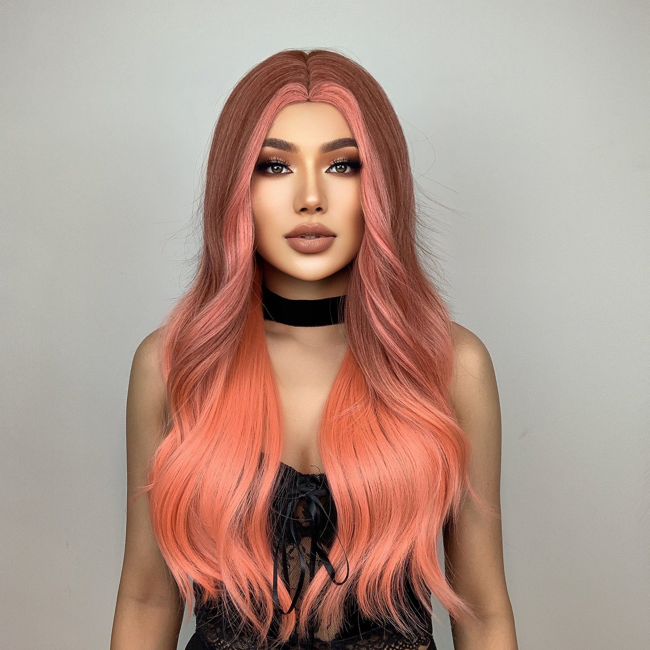 Püke Kunsthaarperücke Haar 24inch lange gewellte Perücken Orange-rosa Halloween Perücken