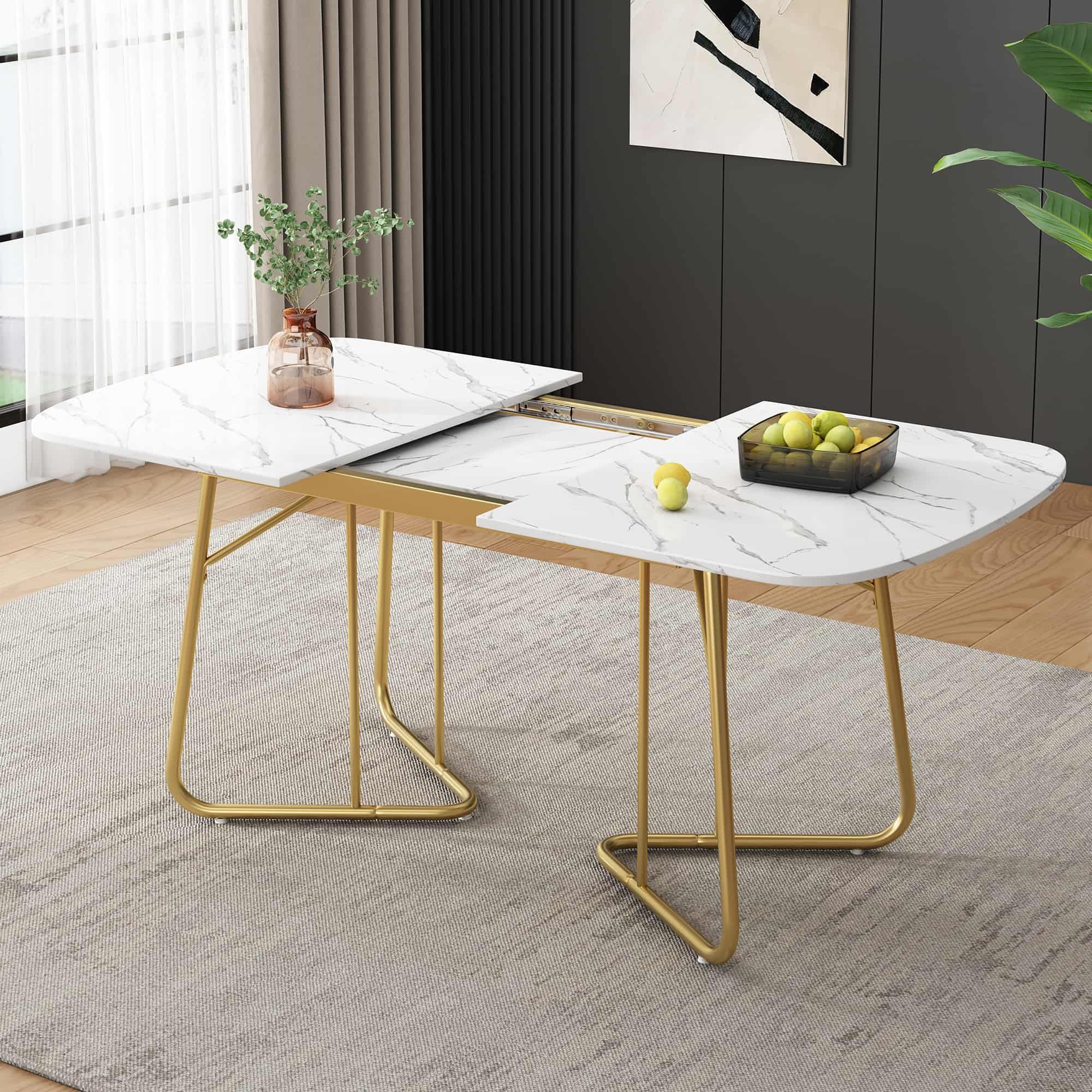 BBWL Esstisch Weißer Erweiterbarer Esstisch mit Marmorstruktur und Gold-Metallbeinen (140 bis 180 x 80 cm moderner minimalistischer Luxusstil robuste MDF-Tischp – Bild 4 von 5