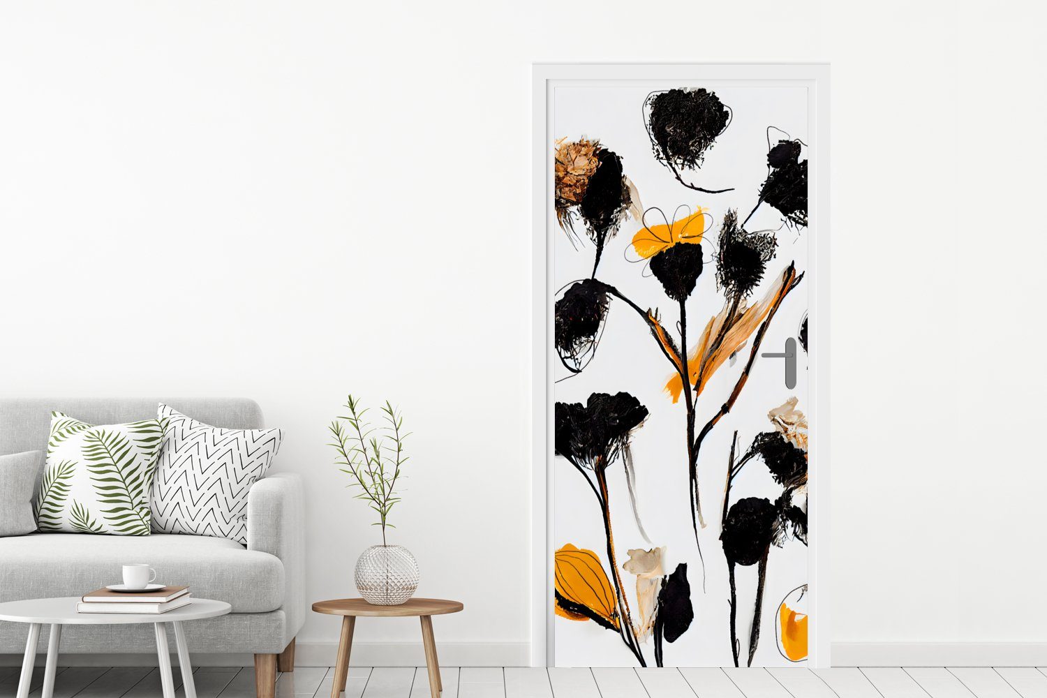 Tür, MuchoWow Türtapete Pastell 75x205 (1 cm Blumen Gelb, - Pflanzen - Türaufkleber, Matt, Fototapete Schwarz St), - - bedruckt, für