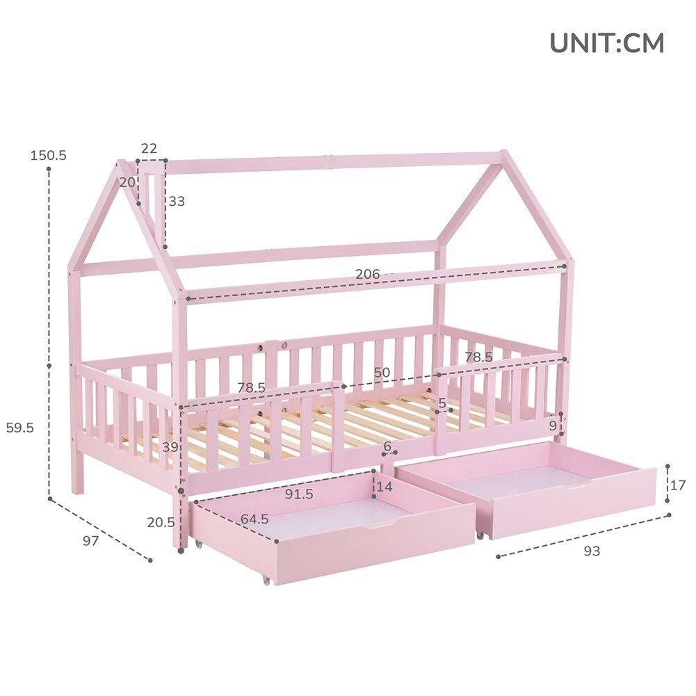 Kinderbett (1-tlg., mit Schubladen, Rausfallschutz und Lattenrost), 90 x 200 cm Hausbett Einzelbett aus massivem Kiefernholz