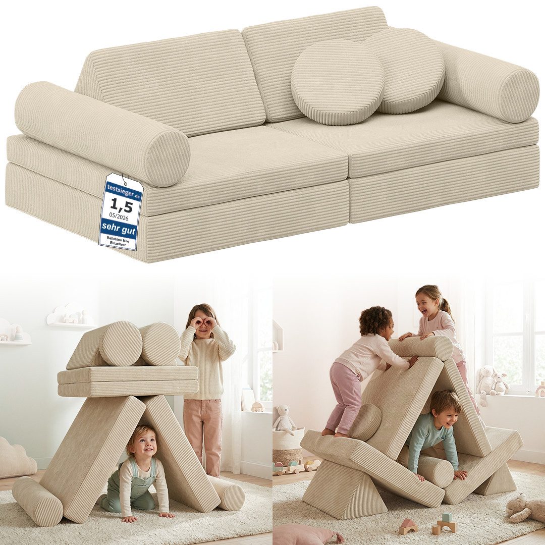 Bellabino Kindersofa Nile aus Schaumstoff Teilen, modulare Kinderspielcouch aus Cord, Beige, mit Armlehnen, Cordbezug abnehmbar & waschbar, …