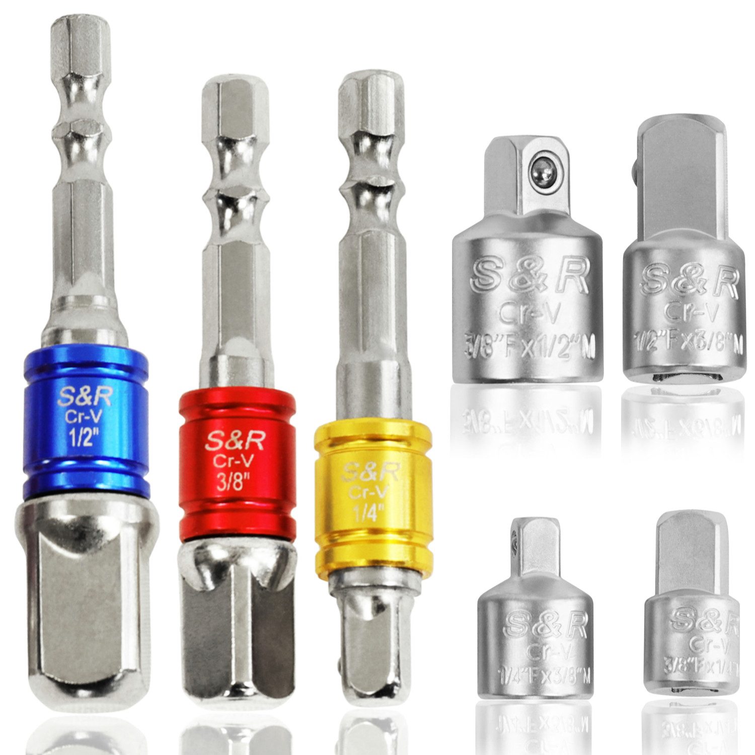 S&R Stecknüsse Stecknuss-Adapter Set, für Bohrmaschine, Akkuschrauber, Bithalter, Set, 3x 1/4" Sechskant-Adapter für 1/4"-, 1/2"-, 3/8" + 4 Stecknüsse, aus Chrom-Vanadium-Stahl für den beruflichen Dauereinsatz