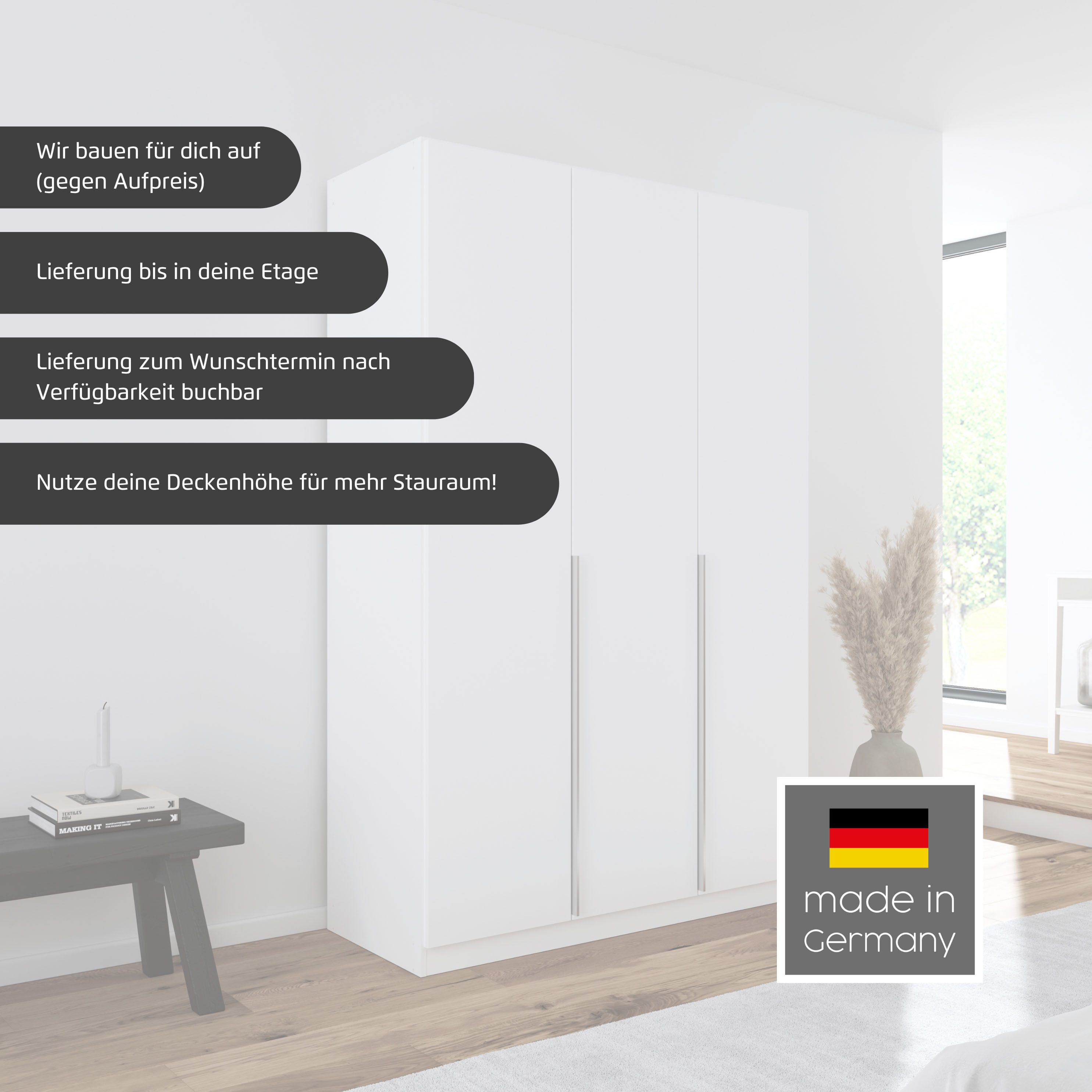 OTTO home Drehtürenschrank Kleiderschrank Kleiderschränke Schrank Garderobe AGORDO mit Glasfront (in zwei Griff-Farben, Breiten 91-360 cm) mit Außenschubkästen, in 7 Breiten und 2 Höhen MADE IN GERMANY