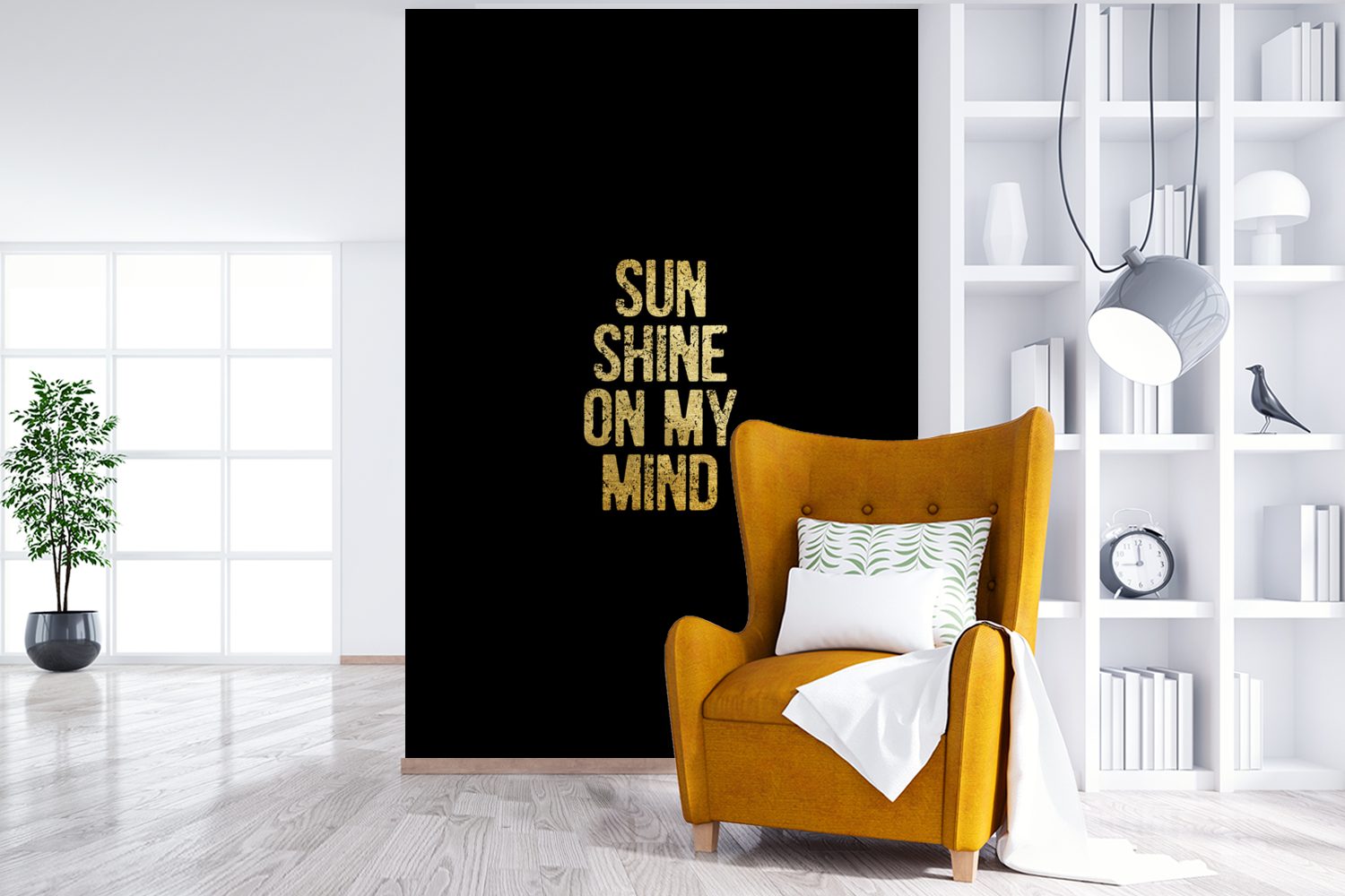 MuchoWow Wohnzimmer, (3 Gold Sonne - bedruckt, Matt, St), Montagefertig - Fototapete Wandtapete Zitate für Vinyl Tapete Schwarz, -