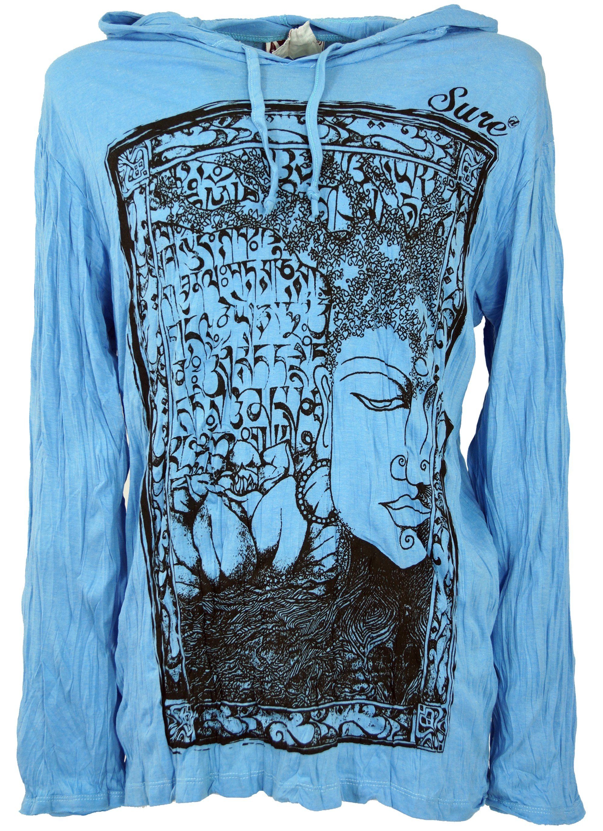 Guru-Shop T-Shirt Sure Langarmshirt, Kapuzenshirt Mantra Buddha -.. Goa Style, Festival, alternative Bekleidung hellblau