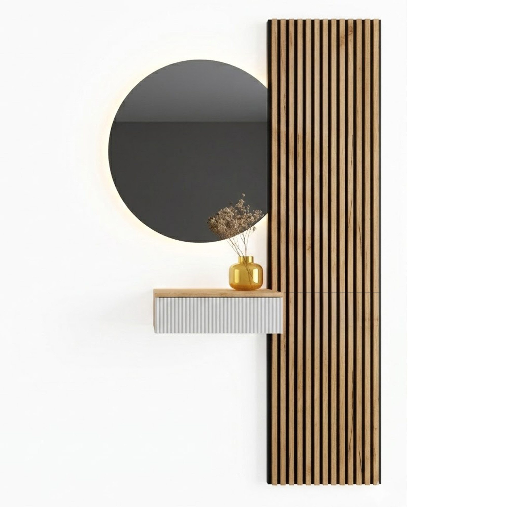 Planetmöbel Garderoben-Set AMYRA Flur Garderobe Spiegel mit Beleuchtung & Akustikpaneele, (LED Spiegel AUBE 80 x 70 cm, Touch-Funktion, Dimmbar, Konsolentisch 50 cm mit moderner Front weiß), Akustikpaneele 2 x 120cm mit MDF-Latten & 5mm Filzplatte