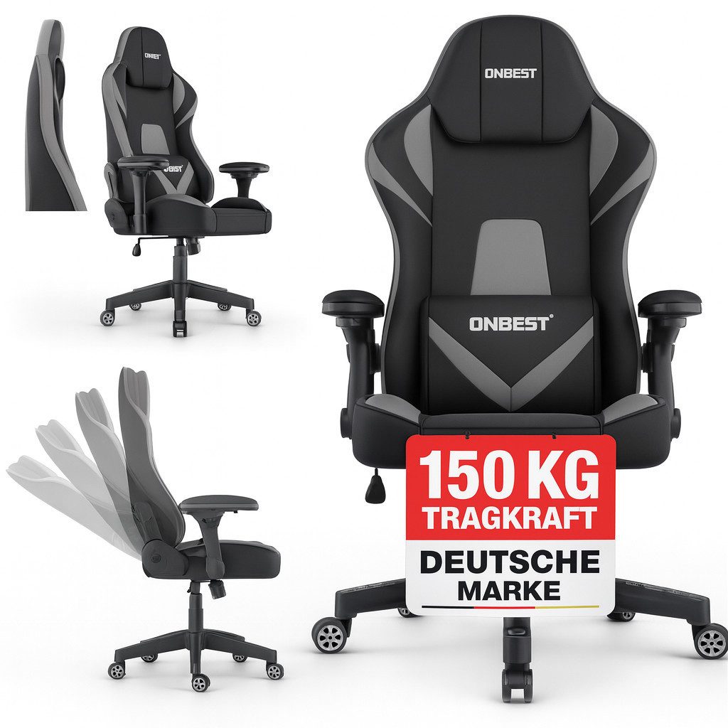 Onbest Gaming-Stuhl ergonomisch mit Lordosenkissen bis 150kg, 360°, verstellbare Armlehnen Kopfstütze Rückenlehne
