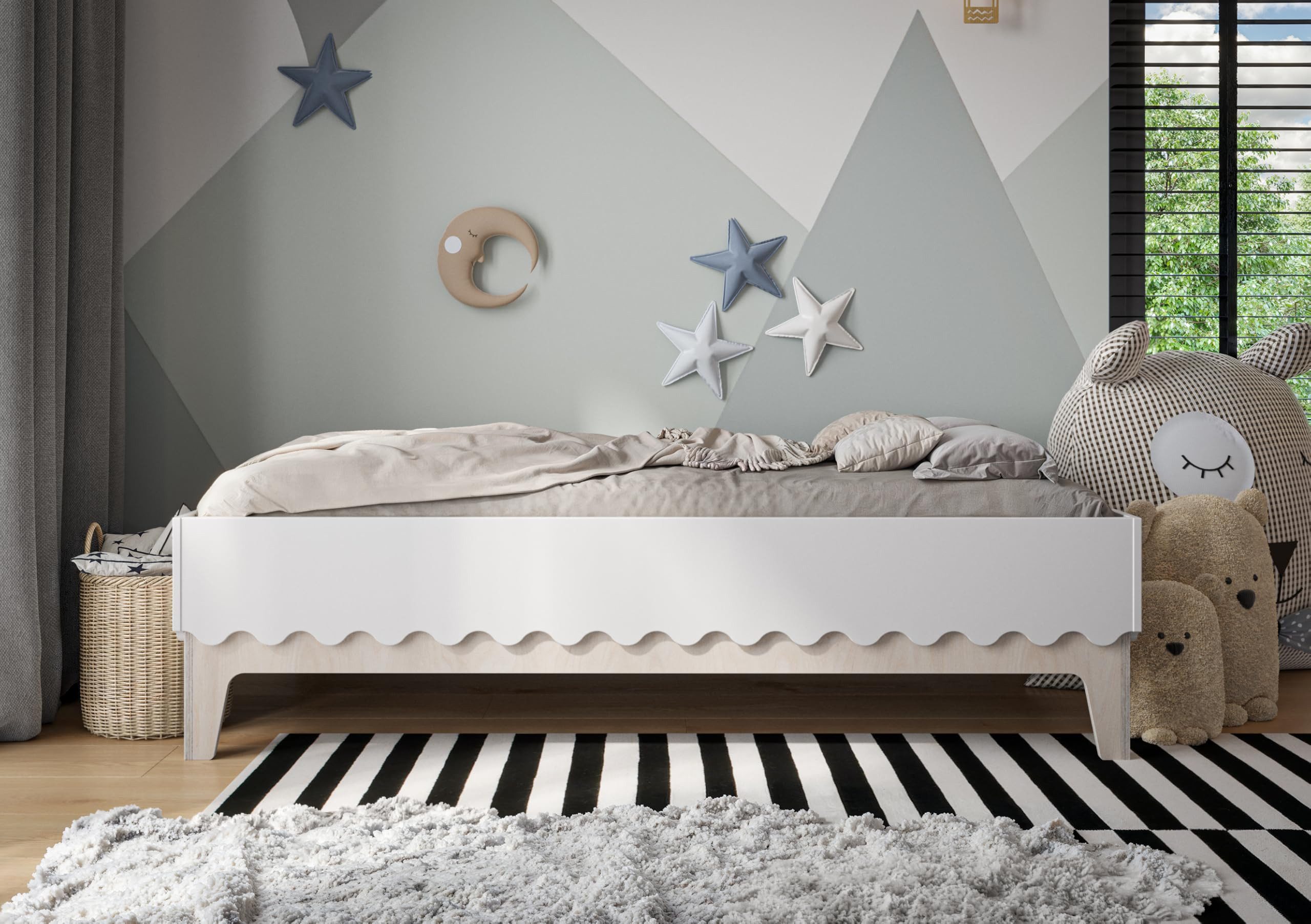 OSONO Kinderbett Kinderbett aus Naturholz mit Lattenrost & Rausfallschutz (Größen 80x160, 90x200, 100x200, 120x200, 140x200 cm, Buchensperrholz), Montessori-Kinderbett mit Wellenmotiv