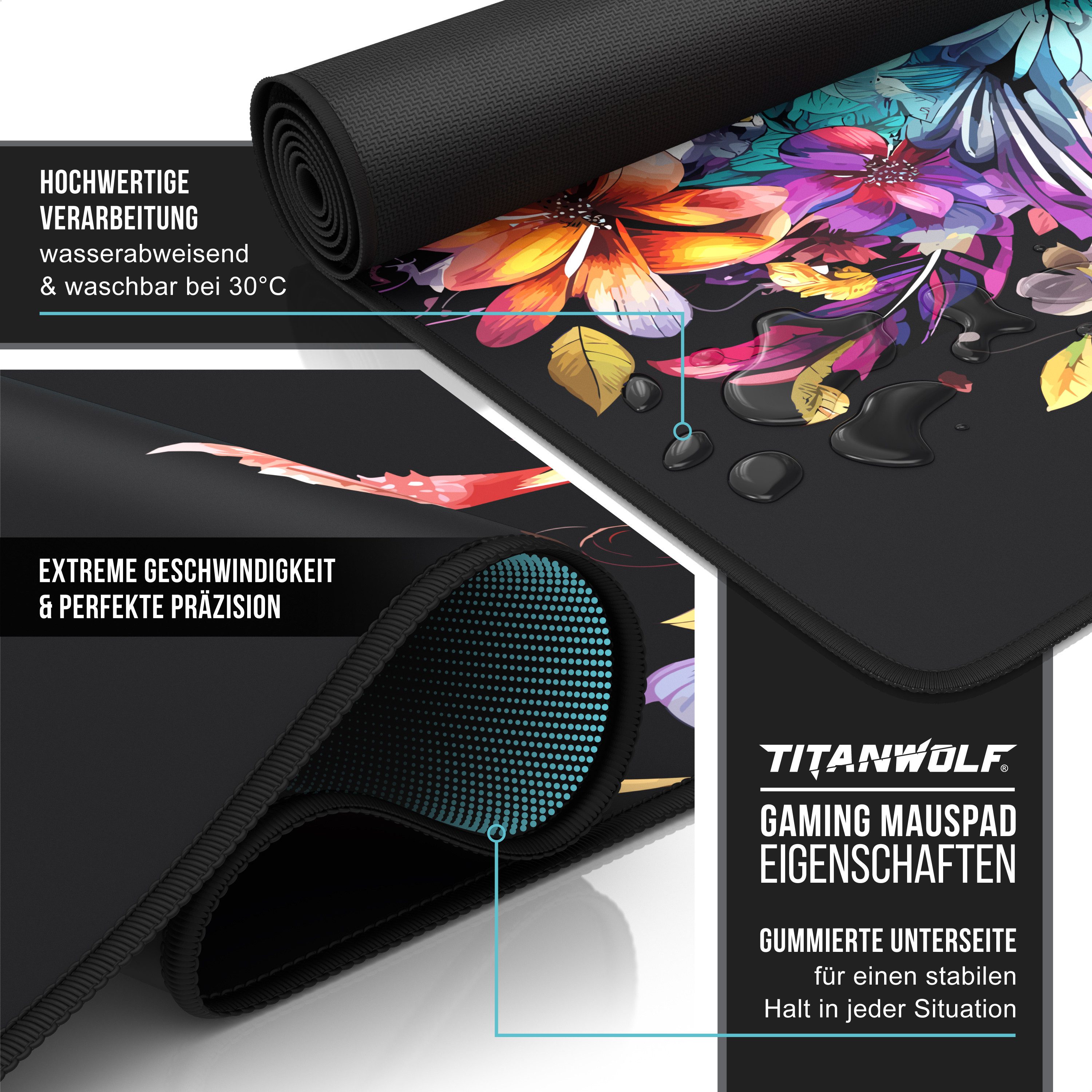 Titanwolf Gaming Mauspad XXL Speed Mousepad 900 x 400 x 3 mm, Schreibtischauflage, abwaschbar, rutschfeste Rückseite, Geschwindigkeit & Präzision, Colour Colibri