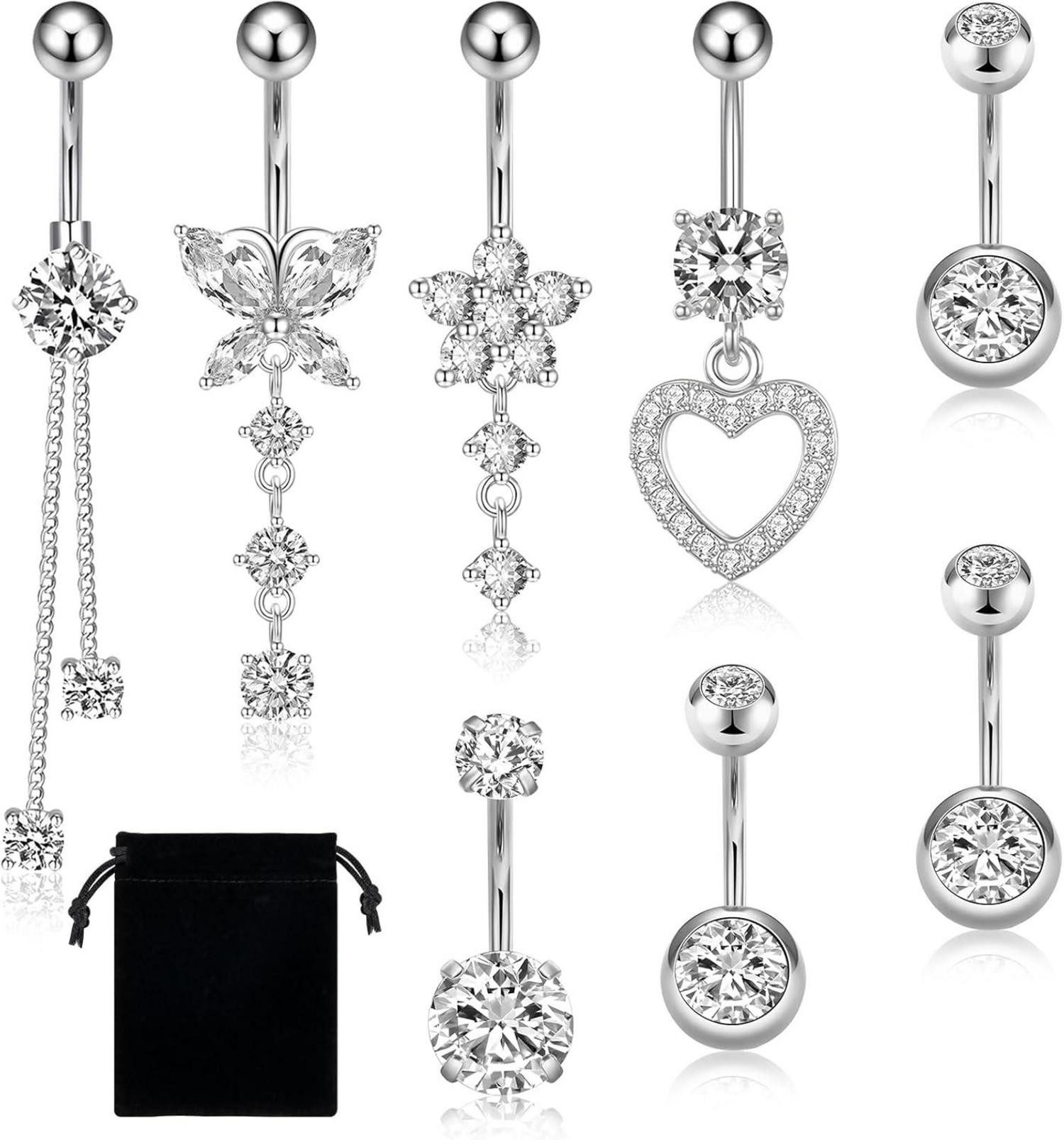 Leikedun Bauchnabelpiercing-Set 8PCS Bauchnabelpiercing 14G Edelstahl Silber Zirkonias Schmetterling
