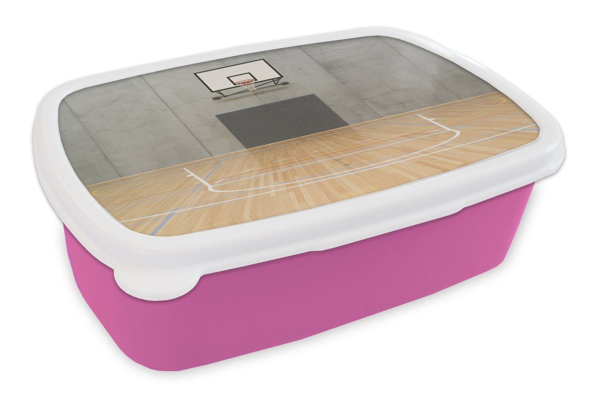 MuchoWow Lunchbox Ein leerer Basketballplatz in einer Halle, Kunststoff, (2-tlg), Brotbox für Erwachsene, Brotdose Kinder, Snackbox, Mädchen, Kunststoff rosa