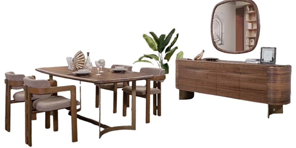 Xlmoebel Esszimmer-Set Esszimmermöbel in modernem Braun mit Esstisch und Stühlen, (7-St., 7tlg Esszimmer Set(Esstisch+4x Stühle+Kommode+ Spiegel), Hergestellt in Europa