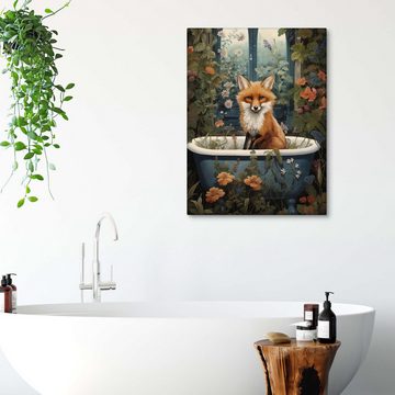 Posterlounge Leinwandbild Olga Telnova, Fuchs im blumigen Badezimmer, Kinderzimmer Kindermotive