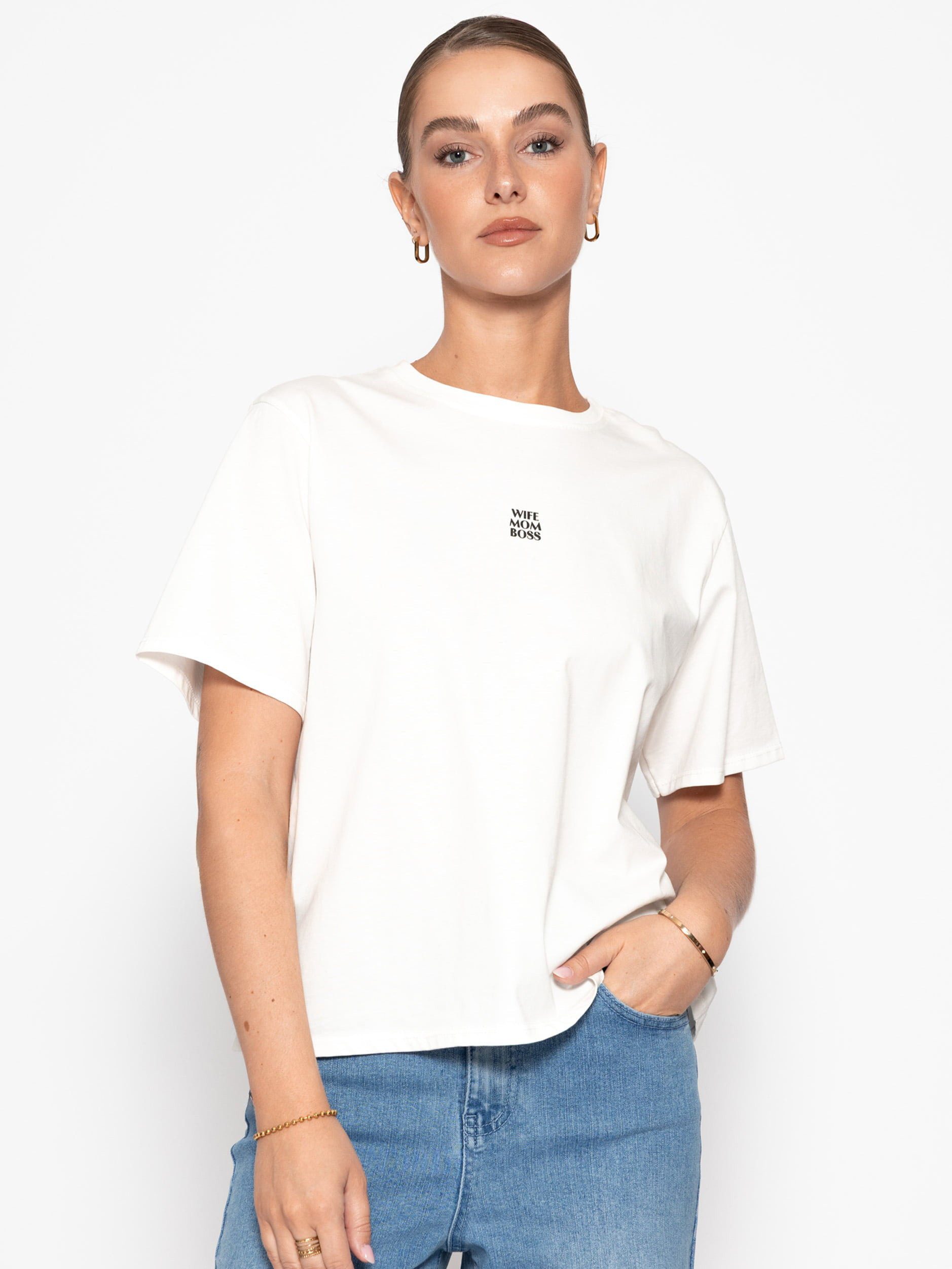 SASSYCLASSY Oversize-Shirt Lockeres T-Shirt Damen mit Rundhalsausschnitt Oversize T-Shirt aus Baumwolle mit dezentem Print Offwhite