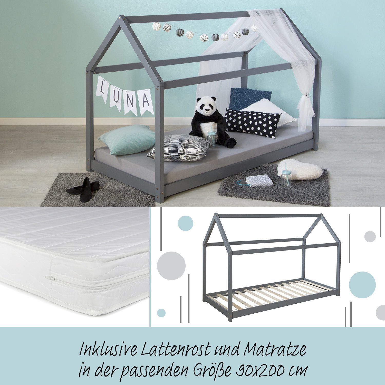 Homestyle4u Kinderbett Kinderbett mit Matratze 90 x 200 cm Weiß Grau Bettkasten