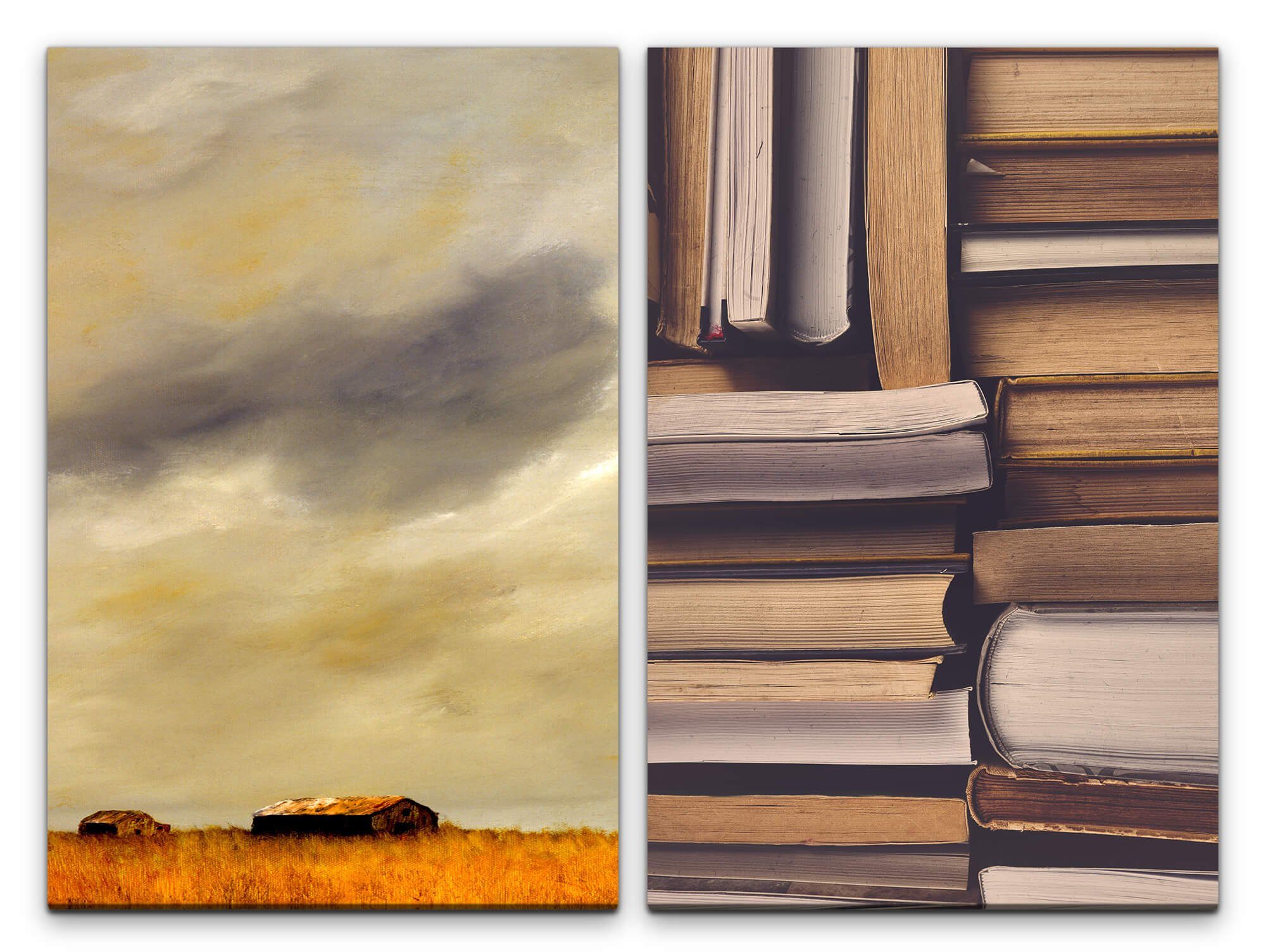 Sinus Art Leinwandbild 2 Bilder je 60x90cm Bücher Farm Malerisch Scheune Kornfeld Himmel Bücherstapel