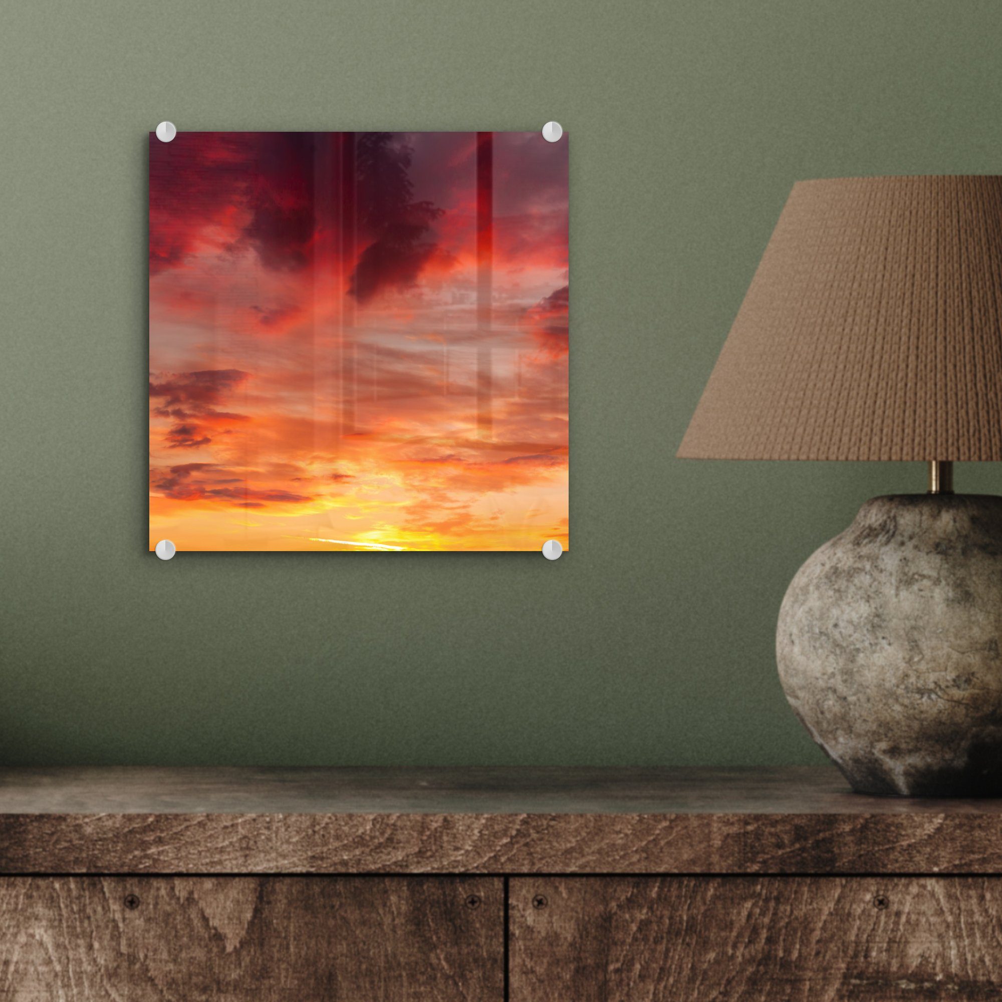 MuchoWow Acrylglasbild Wanddekoration Sonne auf - Glasbilder St), - Wolken - Bilder Wandbild Glas Glas - Foto Rot, auf (1 