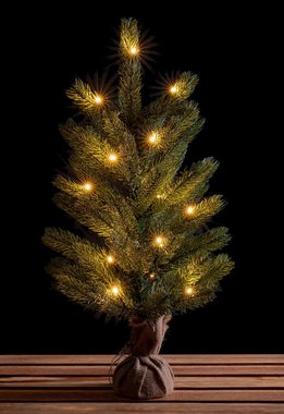 IC Winterworld Künstlicher Weihnachtsbaum LED-Tannenbaum, künstlicher Christbaum, Höhe ca. 60 cm, Nordmanntanne, Weihnachtsdeko mit Jutebeutel um den Betonfuß, Batteriebetrieb