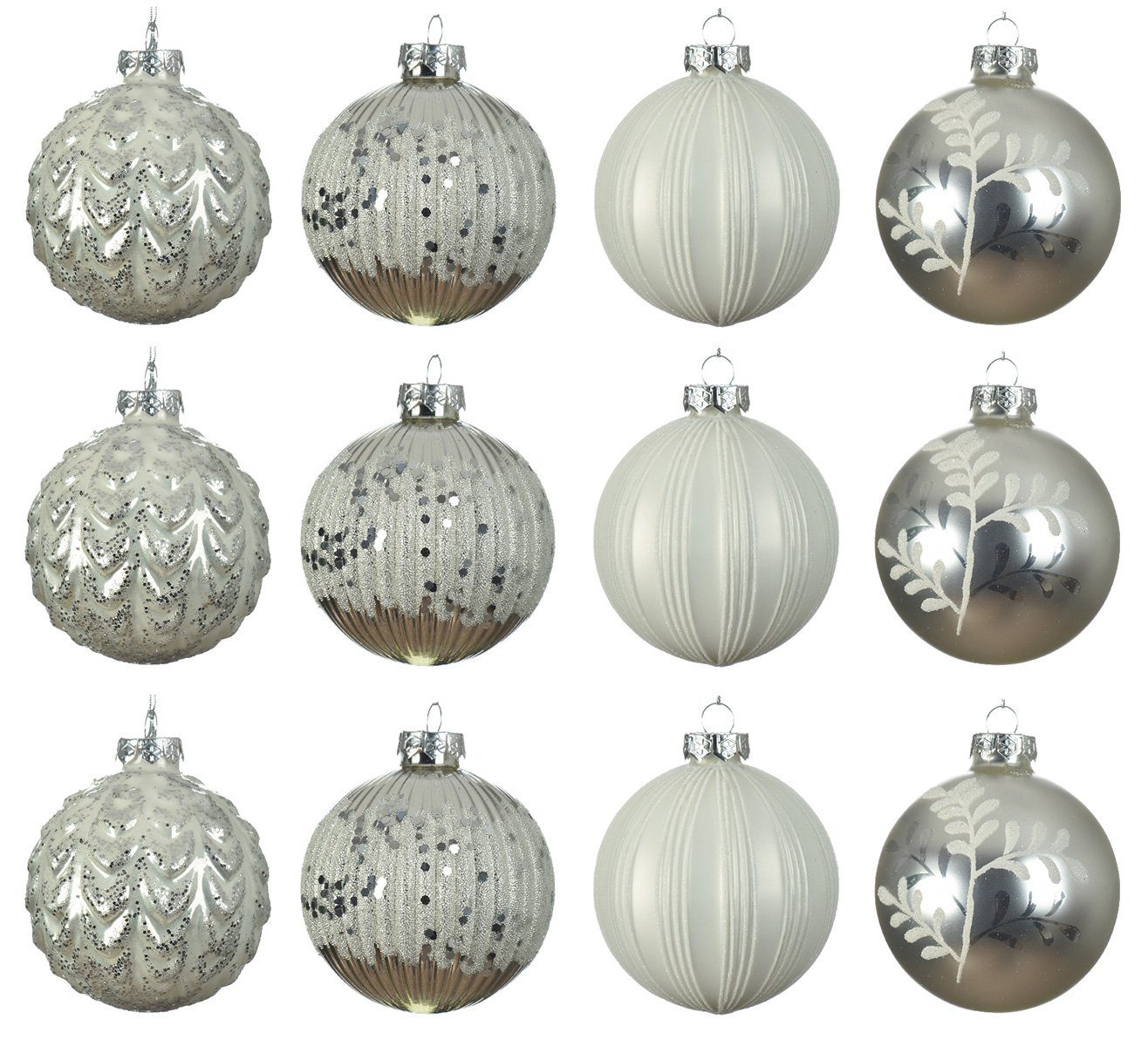 Decoris season decorations Weihnachtsbaumkugel, Weihnachtskugeln Glas 8cm mit Muster / Streifen 12er Set silber / weiß