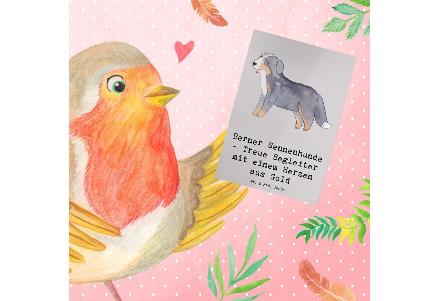 Thumbnail - Mr. & Mrs. Panda Grußkarte Berner Sennenhund Herz - Grau Pastell - Geschenk, loyale Tiere, Karte