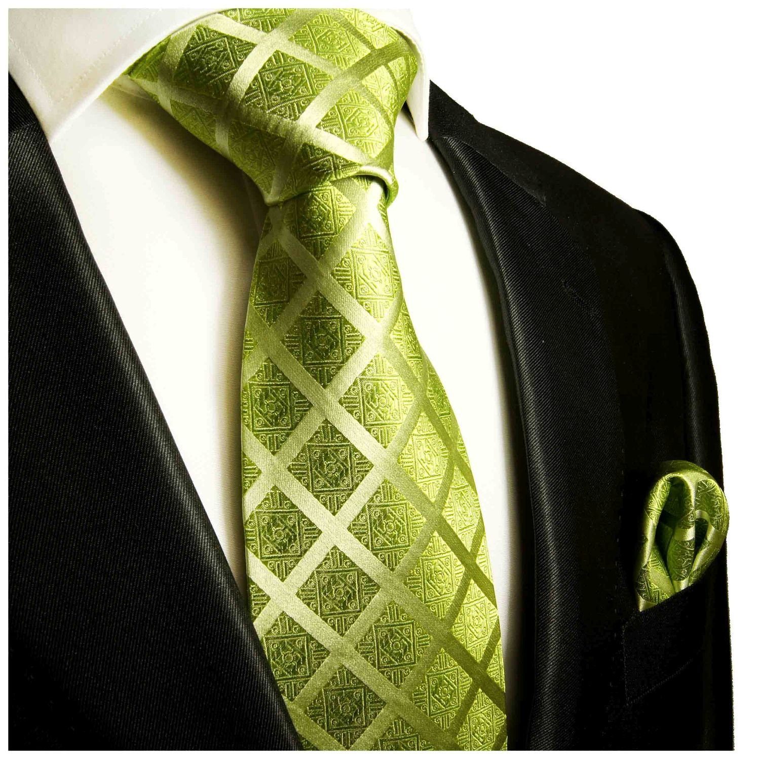Paul Malone Breit 729 (Set, Herren Seide 100% Tuch (8cm), Seidenkrawatte Krawatte Schlips grün Einstecktuch) 2-St., und Krawatte kariert modern mit