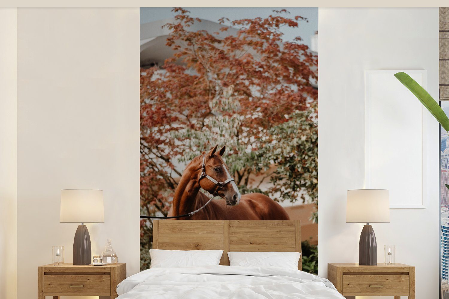 MuchoWow Fototapete Pferd - Baum - Halfter, Matt, bedruckt, (2 St), Vliestapete für Wohnzimmer Schlafzimmer Küche, Fototapete | Fototapeten
