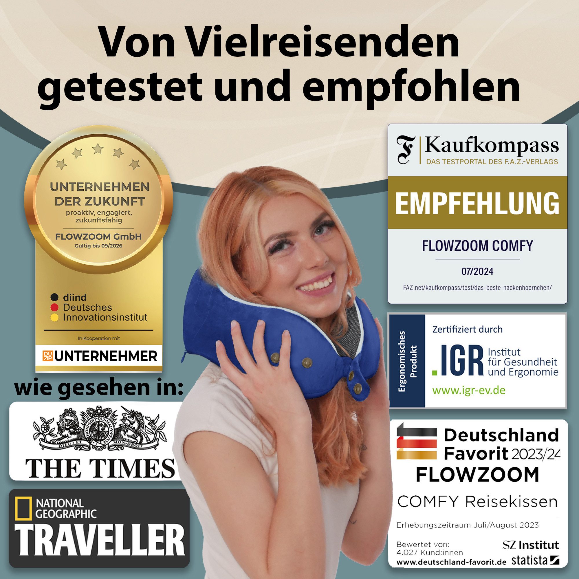 FLOWZOOM Nackenhörnchen COMFY Nackenkissen Flugzeug & Auto – Reisekissen Memory-Schaum, Nackenhörnchen für Erwachsene - Nackenkissen Reisen - verstellbar – Bild 4 von 5