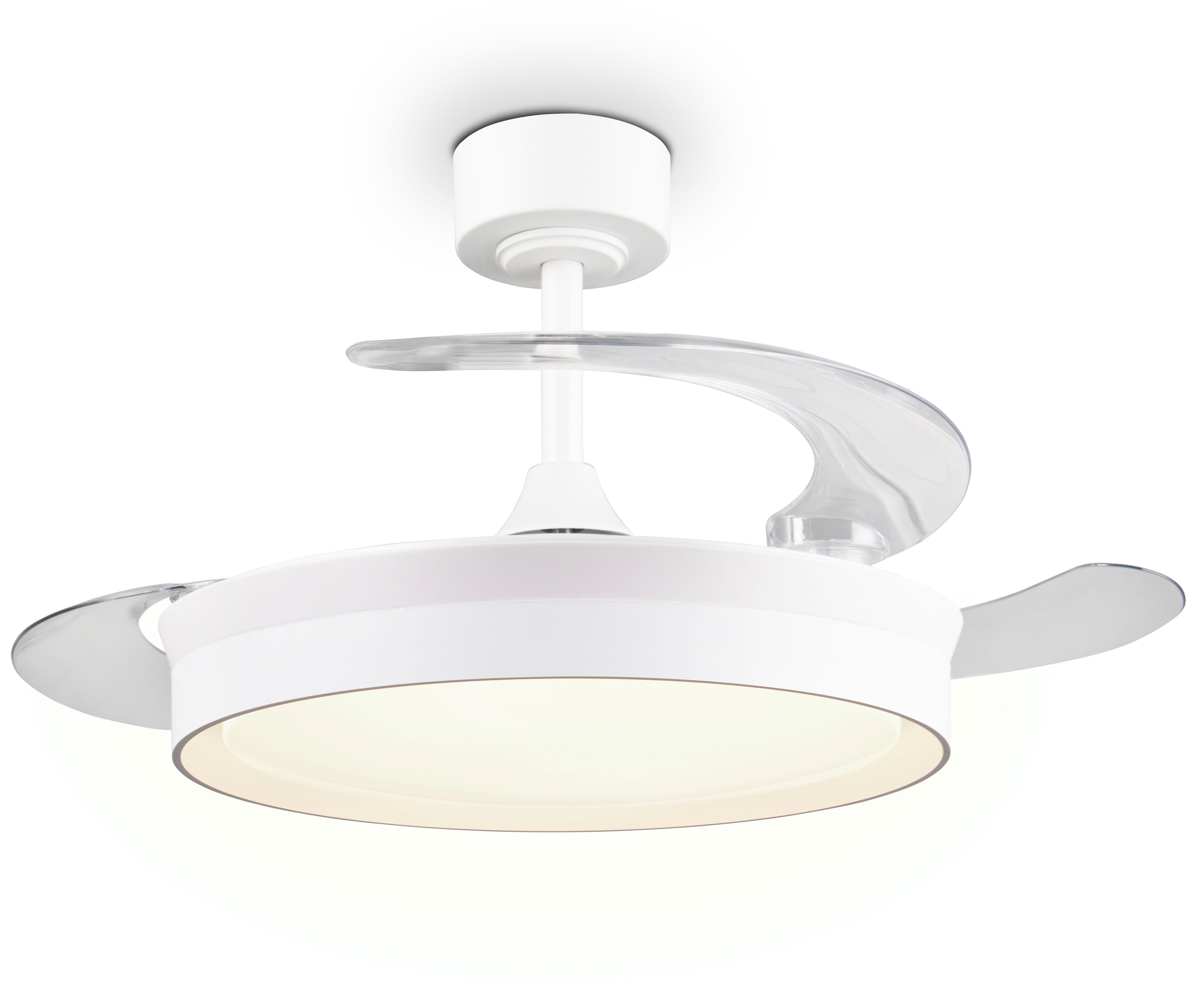 Reality Leuchten LED Deckenleuchte KERAVA mit Ventilator, Deckenventilator mit ausklappbaren Flügeln 30W, CCT - über Fernbedienung, Dimmfunktion, Memoryfunktion, Nachtlichtfunktion, Timerfunktion, Ventilatorfunktion, getrennt schaltbar, LED fest integriert, Farbwechsler, warmweiß - kaltweiß, Ø 46 - 106 cm (aufgeklappt), 6 Stufen, LED 30W CCT dimmbar Timer