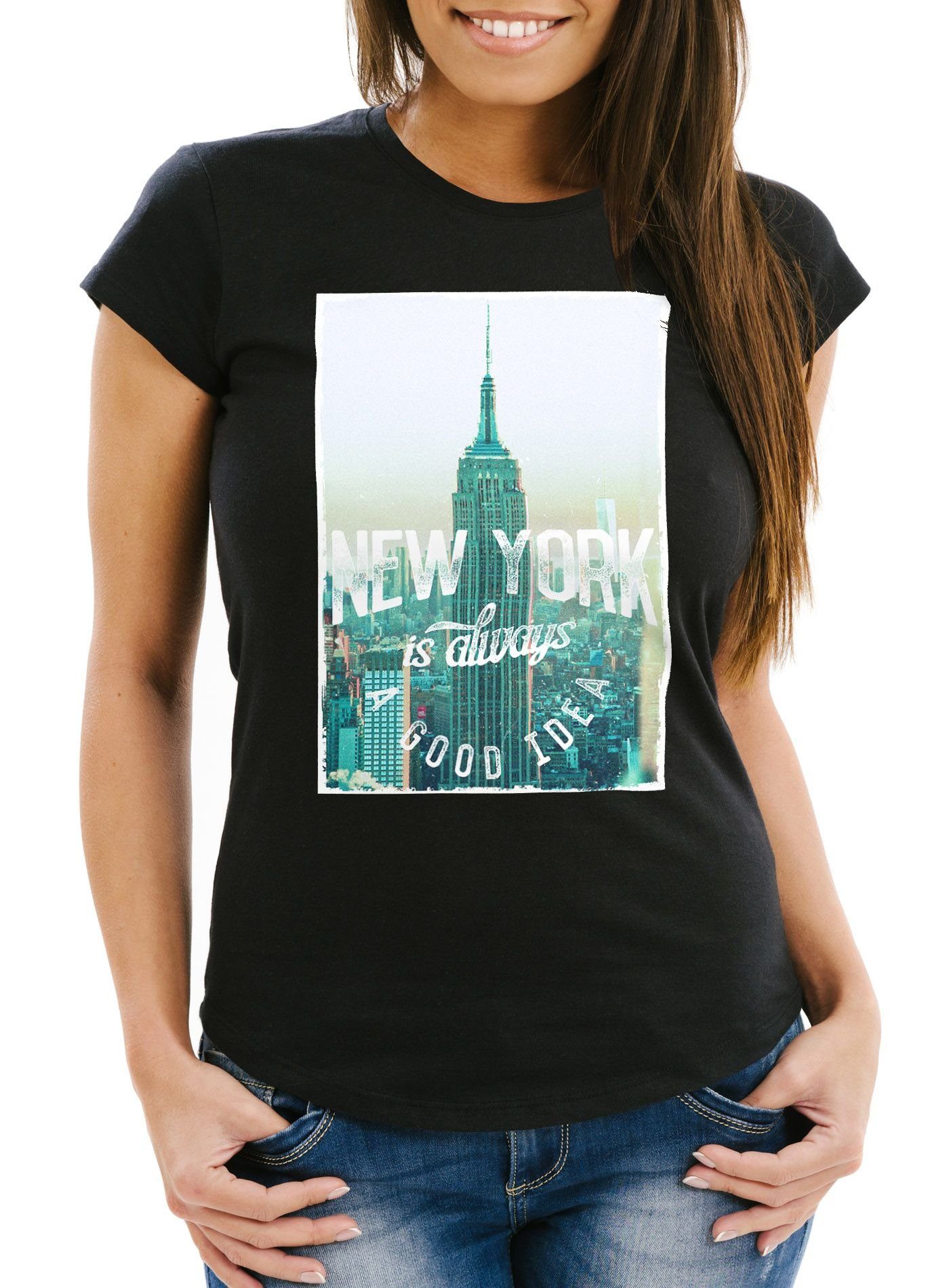 Neverless Print-Shirt Damen T-Shirt New York Skyline Foto Print Slim Fit mit Print