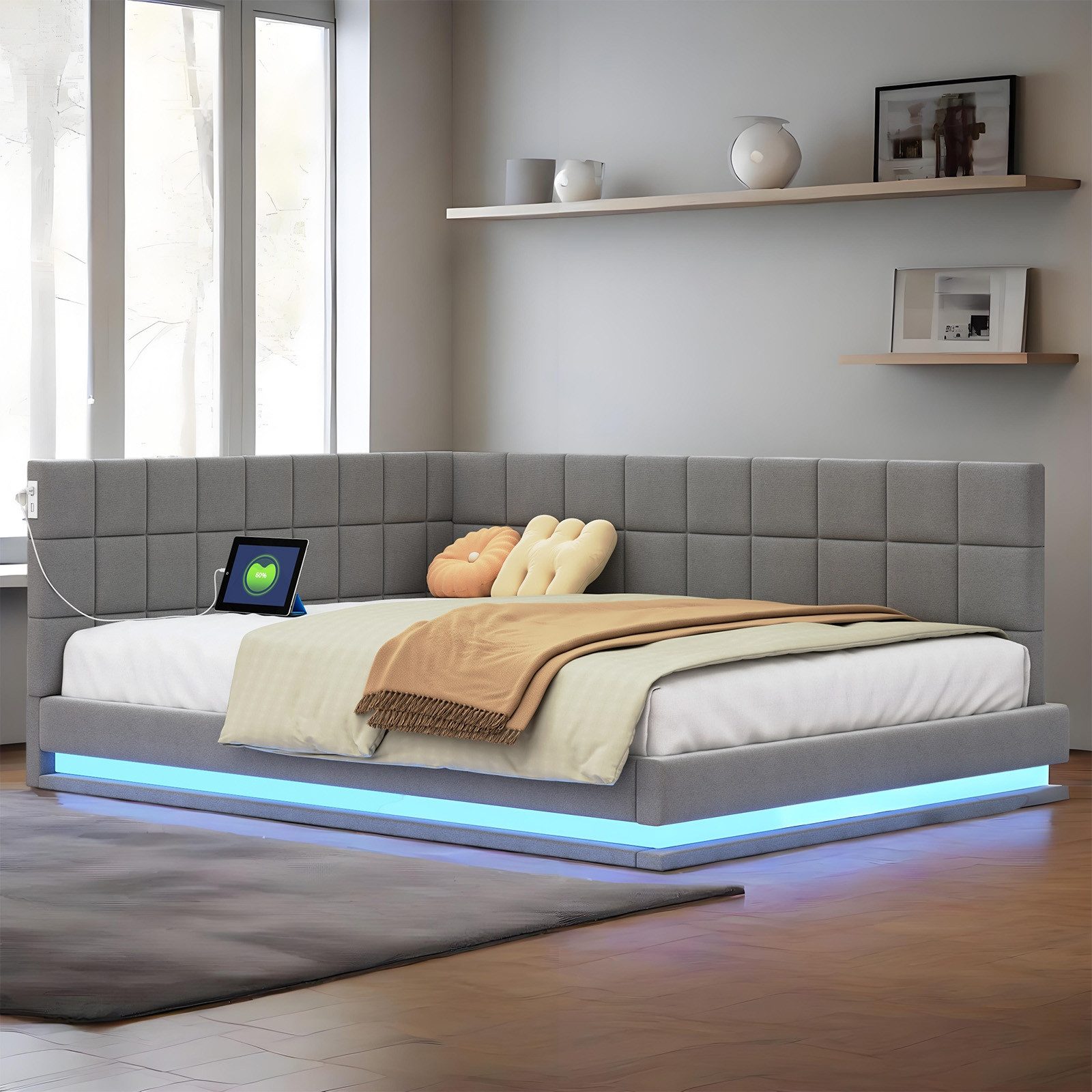 MODFU Schlafsofa Modernes Sofa Bett, Polsterbett, mit LED-Beleuchtung und U günstig online kaufen