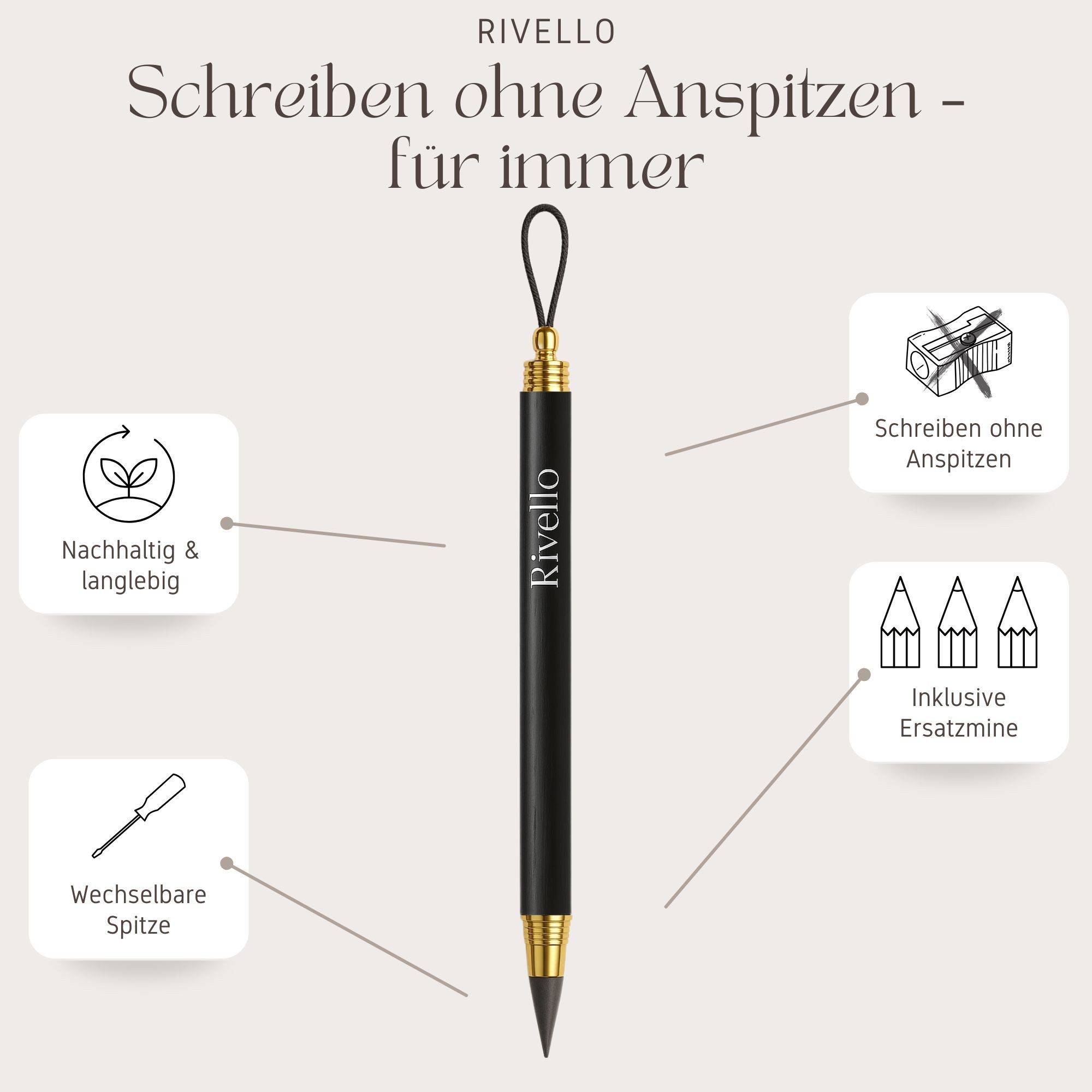 Rivello - Home & Living Bleistift aus Holz – schreibt ohne Anspitzen – mit Ersatzminen – Braun & Schwarz, (10-tlg)