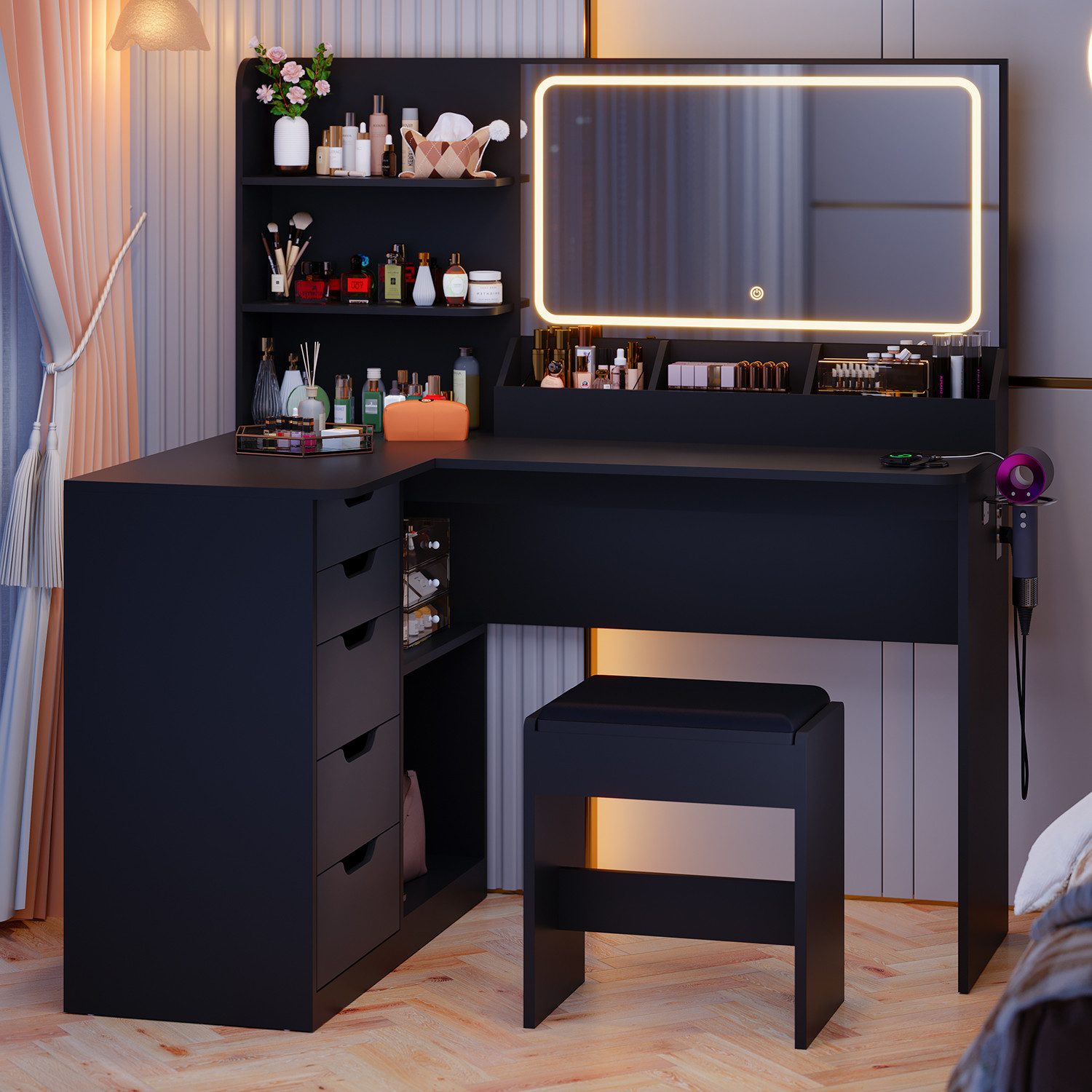 Furnicopia Schminktisch LED-Schminktisch mit großer Ablagefläche und Hocker günstig online kaufen