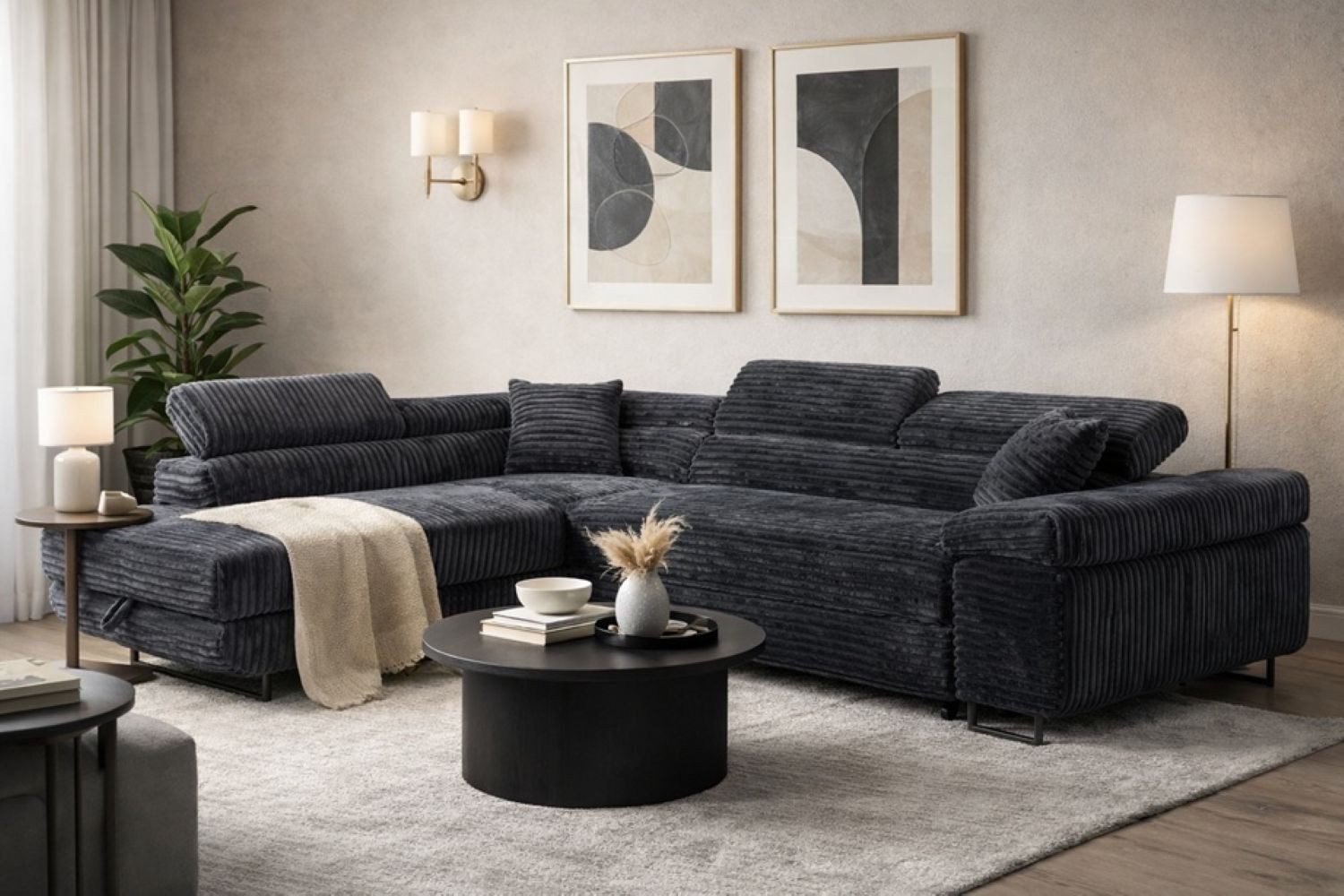 Labett Ecksofa mit Schlaffunktion & Bettkasten Links/Rechts Sofa L-Form GUSTAVO, Kopfstützen, Cordstoff, Schlafsofa